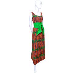 Design Thai Vintage Dress in Blue Green & Orange Cotton Tropical Print Size 6/8