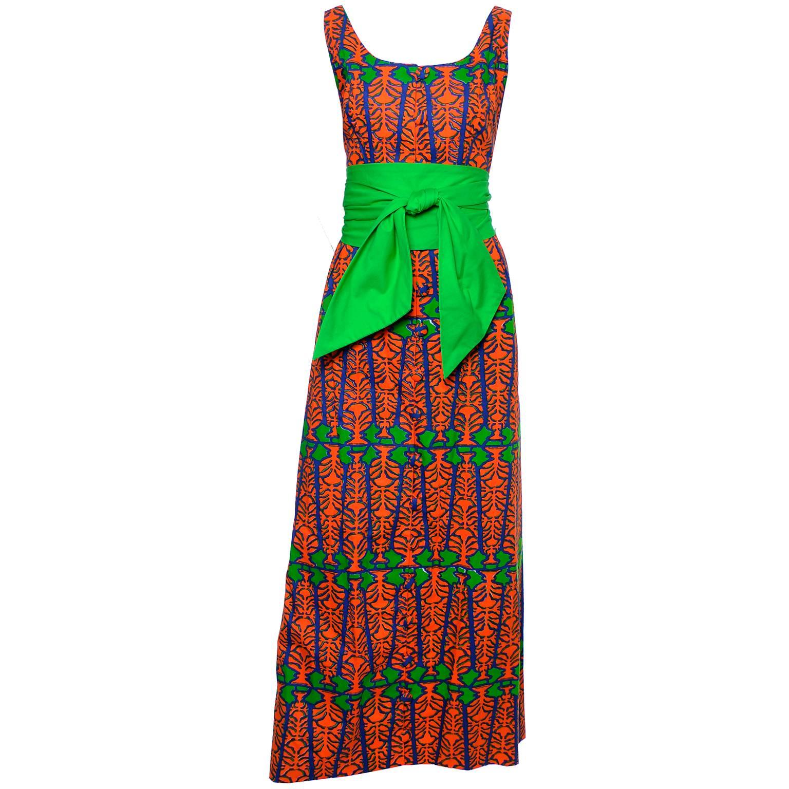 Design Thai Vintage Dress in Blue Green and Orange Cotton Tropical ...