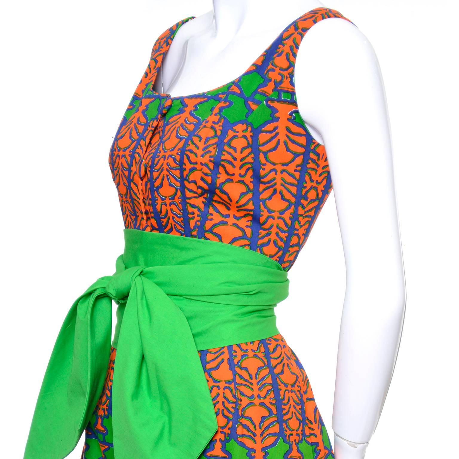 Brown Design Thai Vintage Dress in Blue Green & Orange Cotton Tropical Print Size 6/8