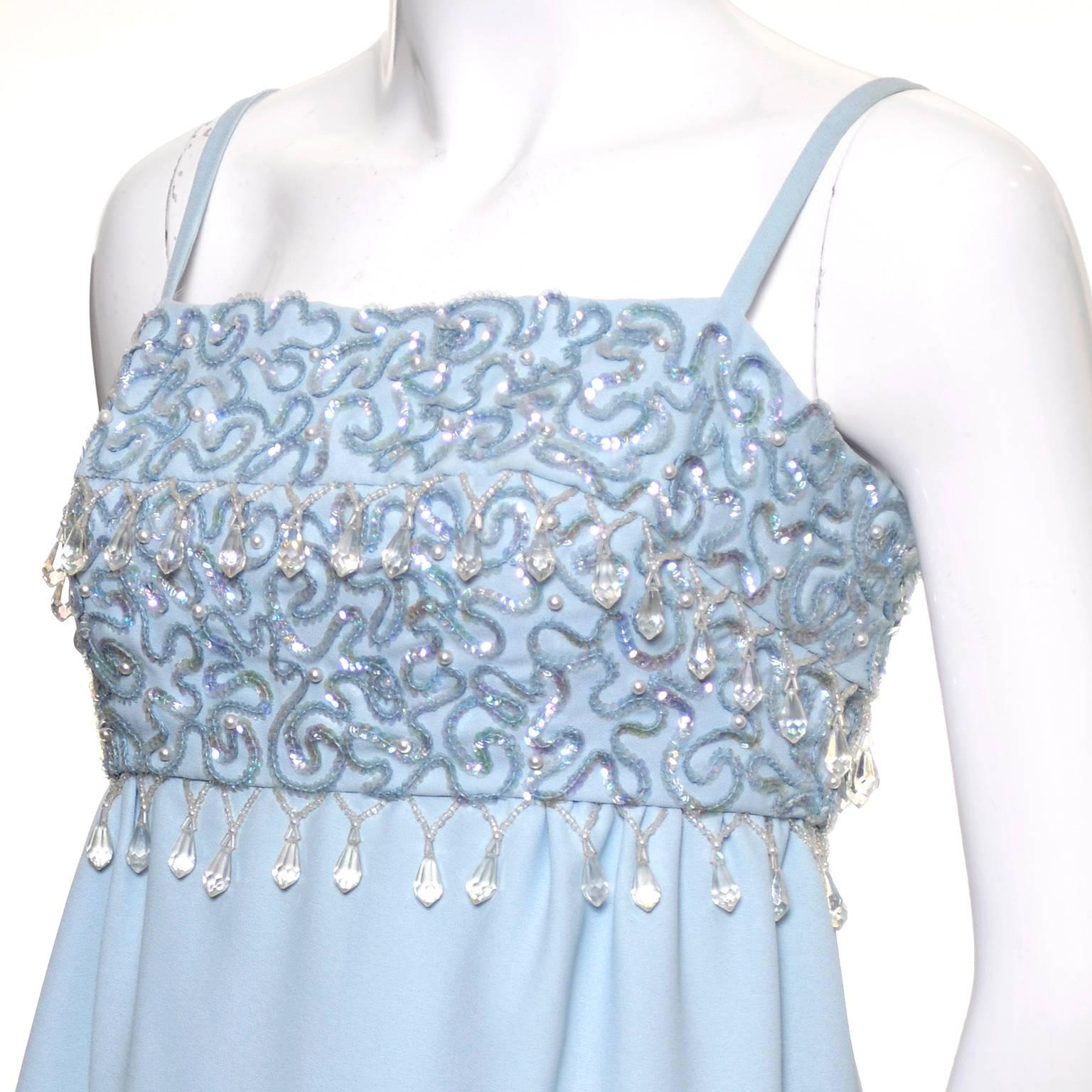 1960s Emma Domb Vintage Dress Blue Beaded Sequins Evening Gown  2