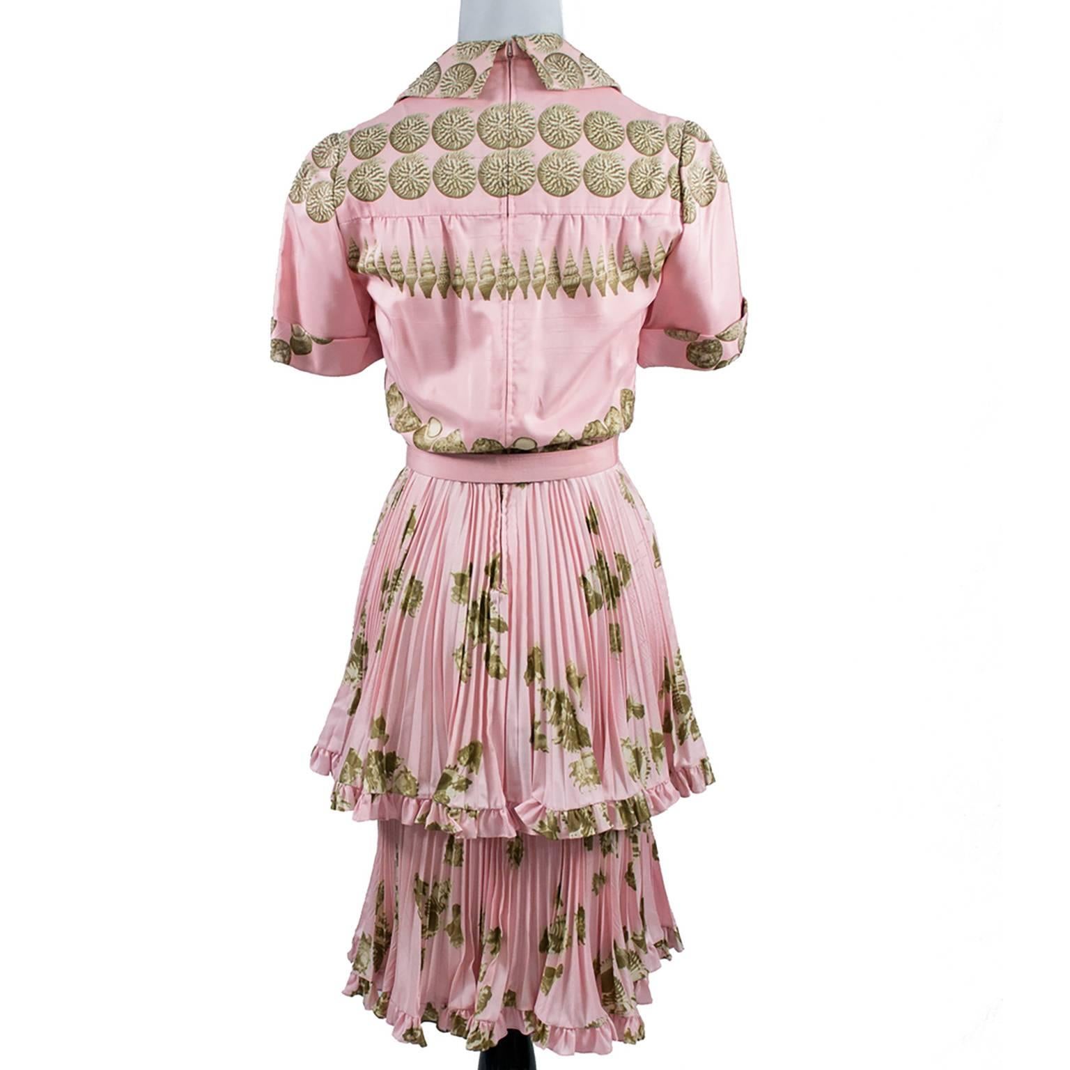 Women's 1970s Valentino Boutique Vintage Pink Silk Dress With Seashells I Magnin Size 4