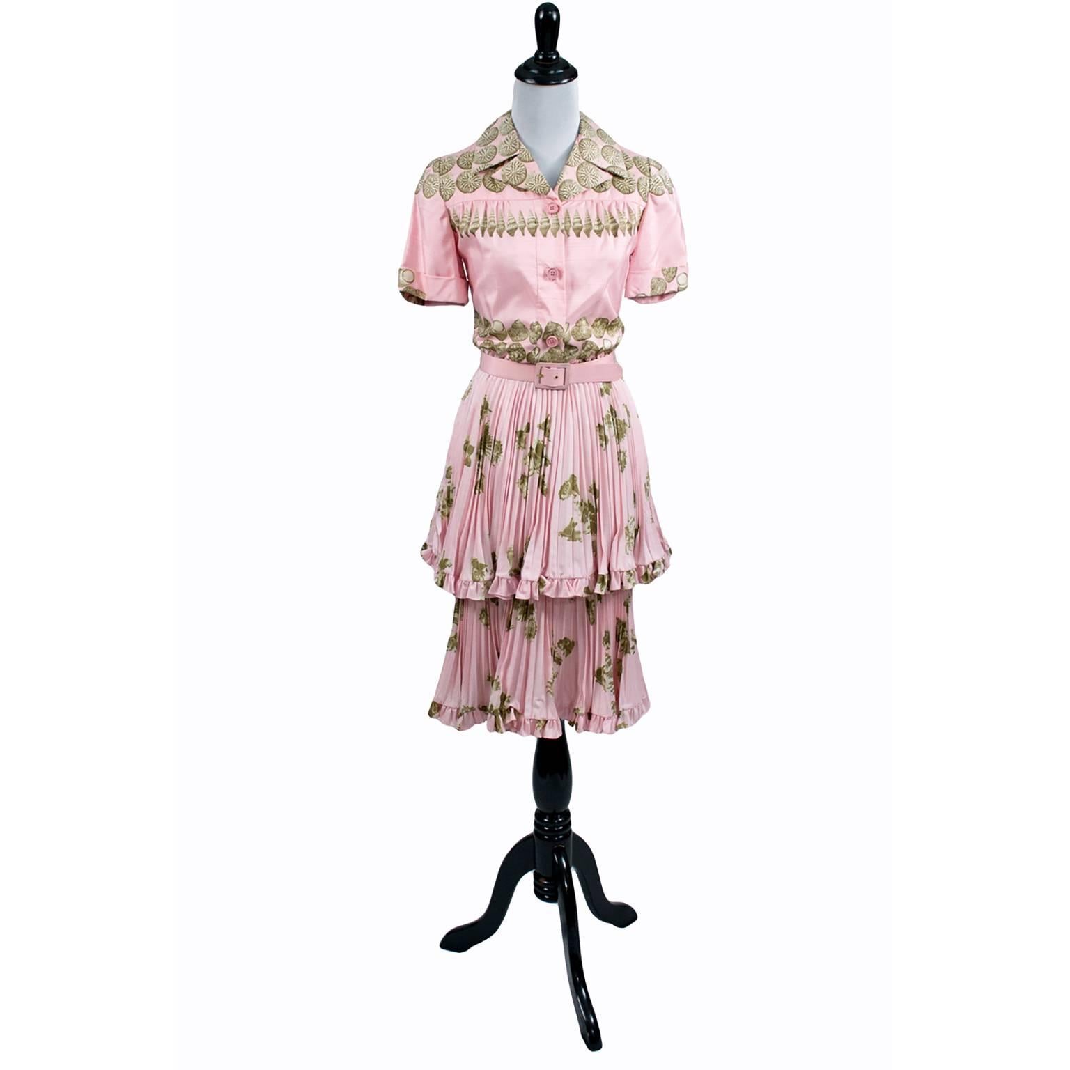 Beige 1970s Valentino Boutique Vintage Pink Silk Dress With Seashells I Magnin Size 4