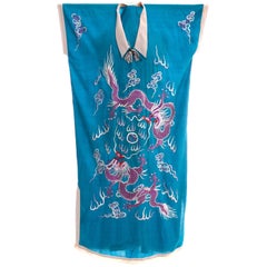 Antique Caftan Chinese Blue Fine Silk Purple Dragon Embroidery Kaftan One Size