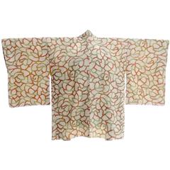Vintage 1940s Silk Haori Kimono in Abstract Red Green & Brown Print 8