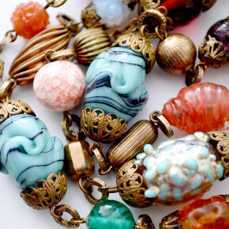 Vintage 1920s Rare Glass Bead Flapper Necklace Lapis Lampwork Peking Molded