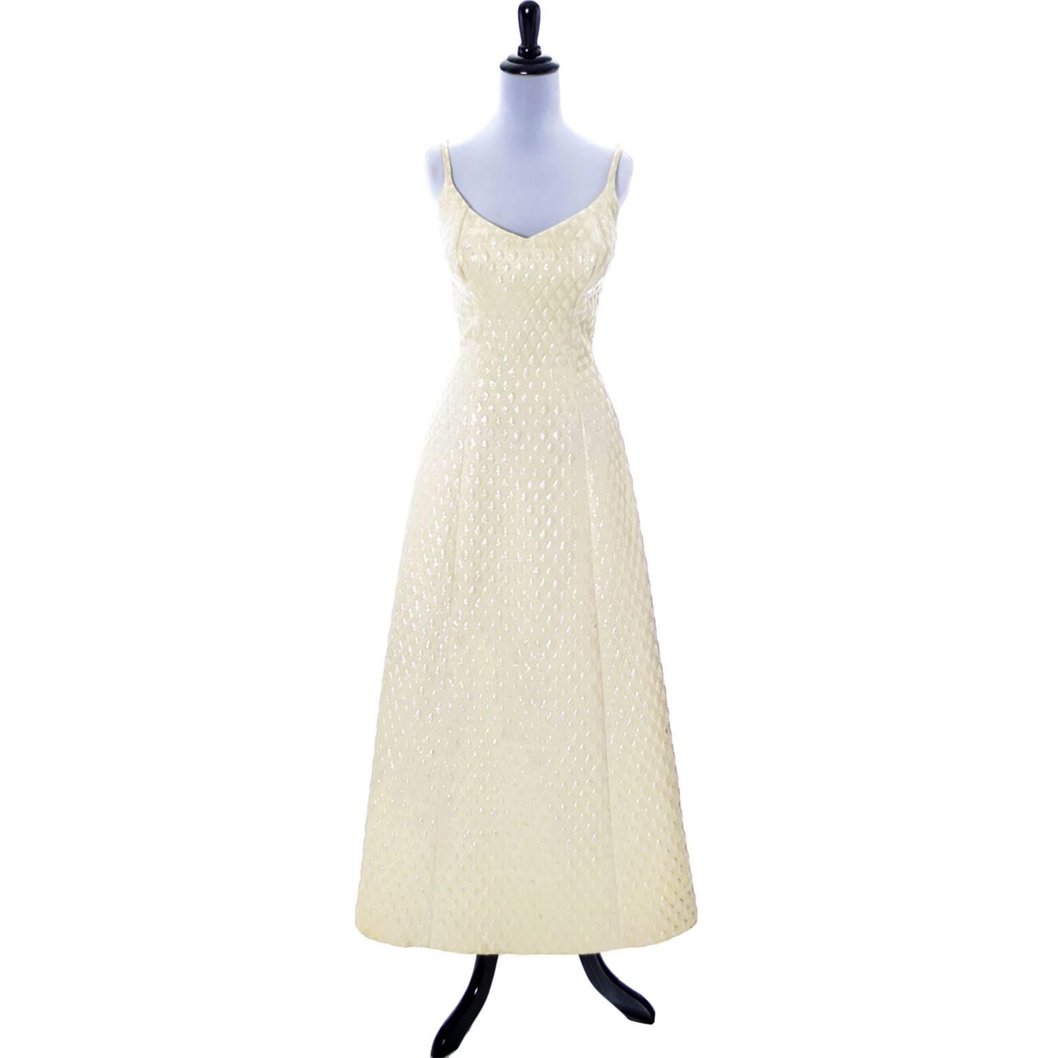 Women's 1960s Jacques Heim Vintage Dress Creamy Metallic Diamond Pattern Evening Gown
