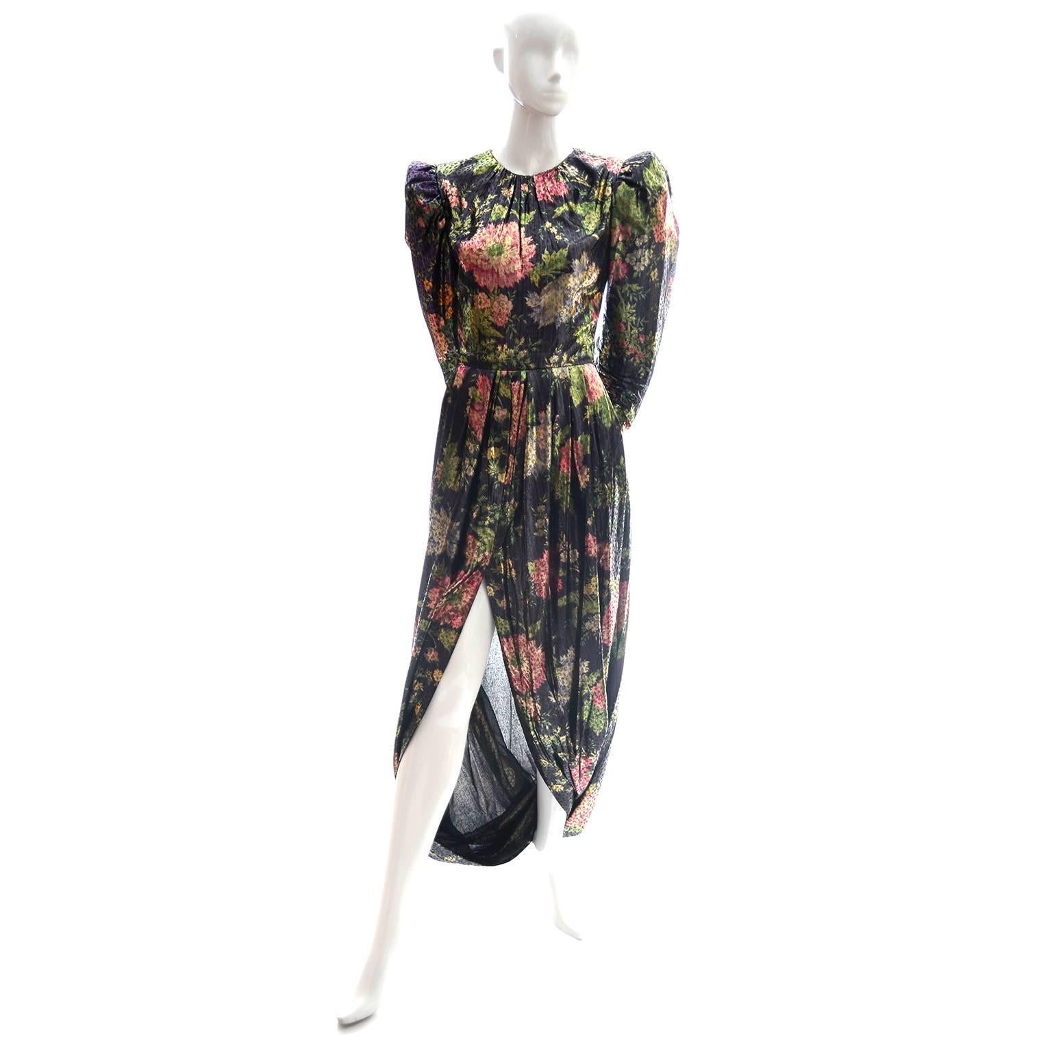 Women's Arnold Scaasi Metallic Floral Vintage Dress Front Slit Evening Semi Bubble Hem