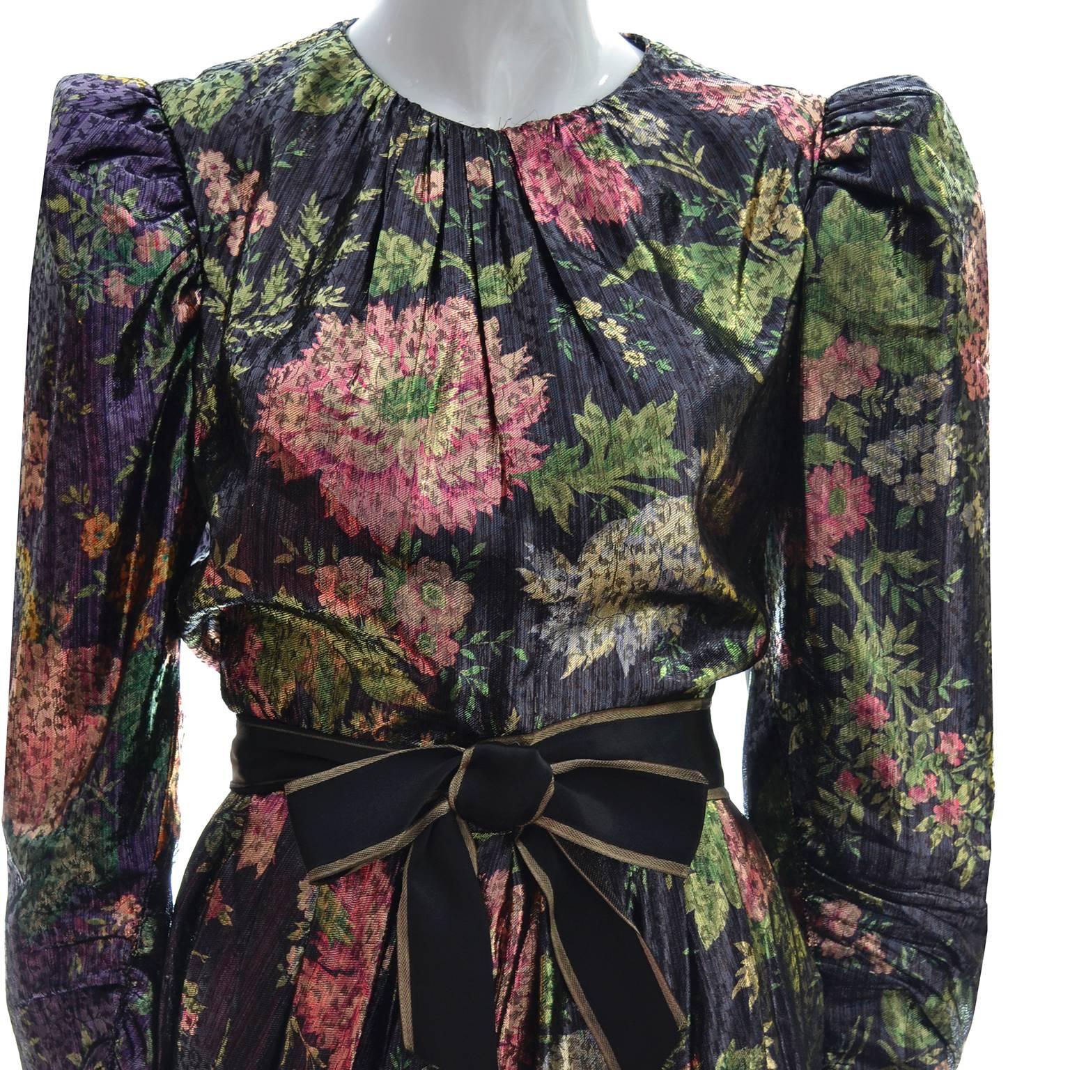 Black Arnold Scaasi Metallic Floral Vintage Dress Front Slit Evening Semi Bubble Hem