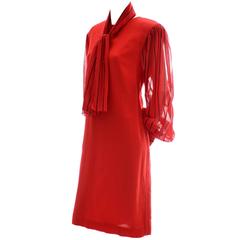Pauline Trigere Vintage Red Dress and Scarf Linen Blend Saks Fifth Avenue 80s 4