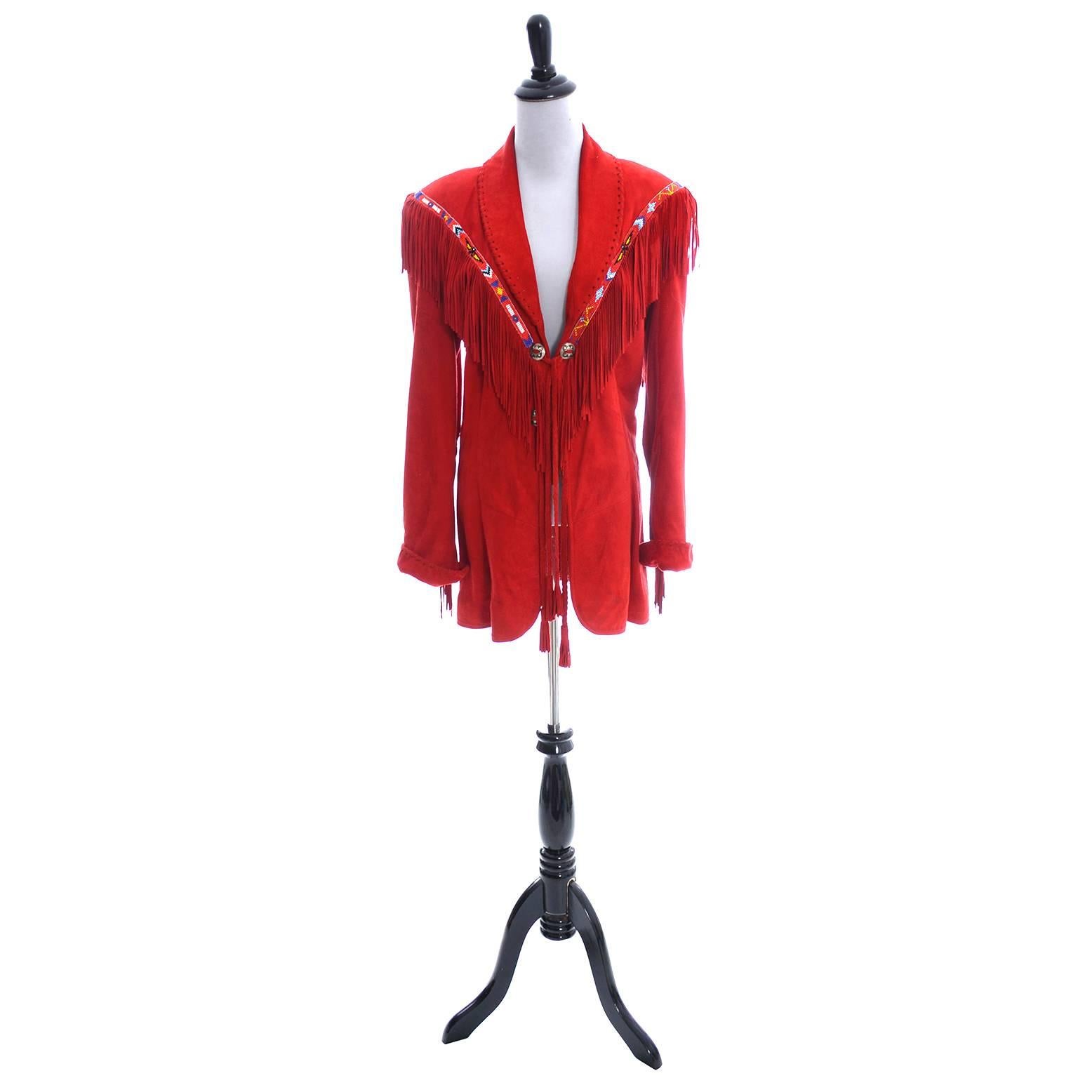 This gorgeous, luxuriously soft fine suede red jacket was made by Char of Santa Fe in the 1980s.  I acquired it from the estate of a glamorous Vail and Manhattan trend setter with an outstanding wardrobe of designer clothing.  This jacket has