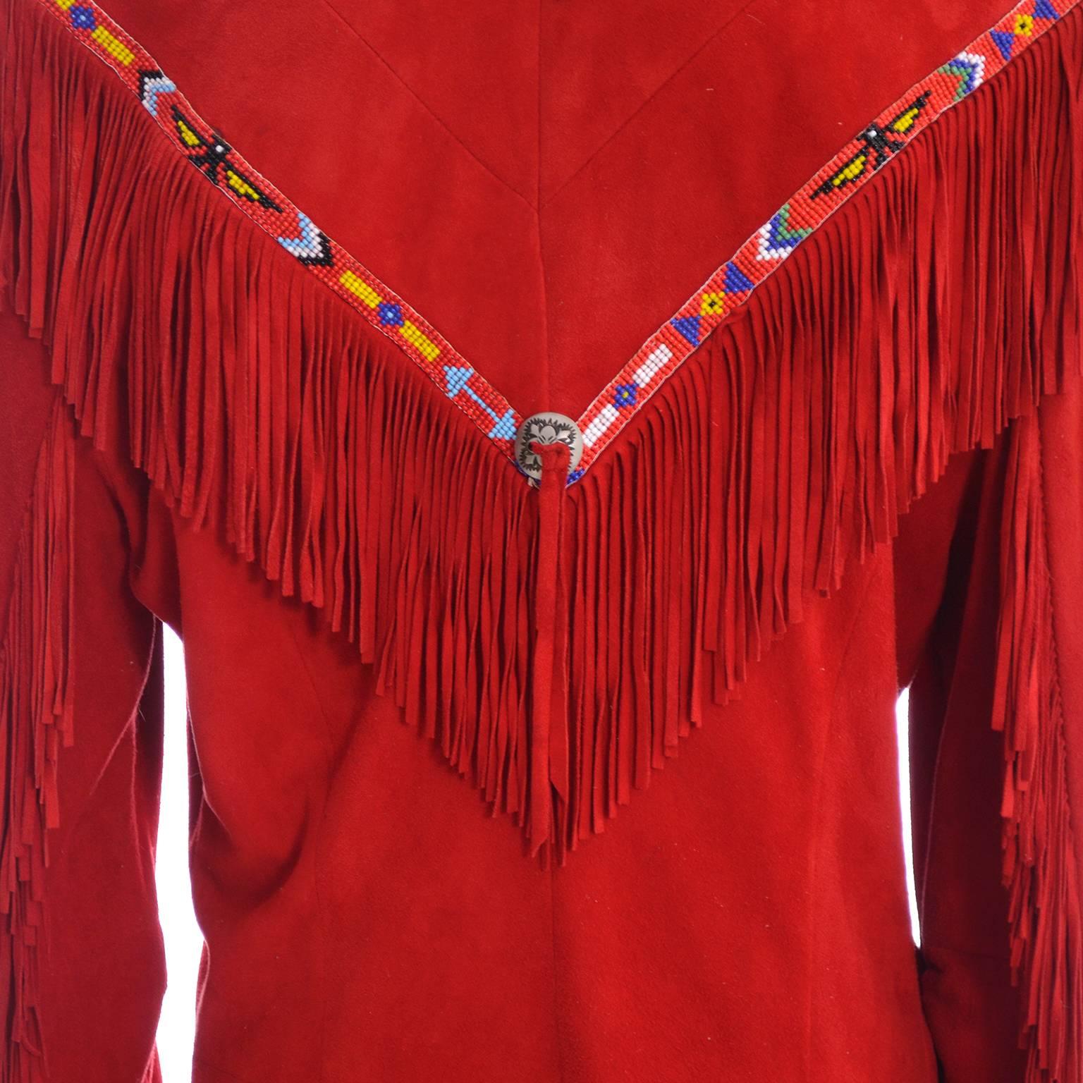 Vintage Char Santa Fe Cherry Red Soft Suede Jacket Fringe Beading  1