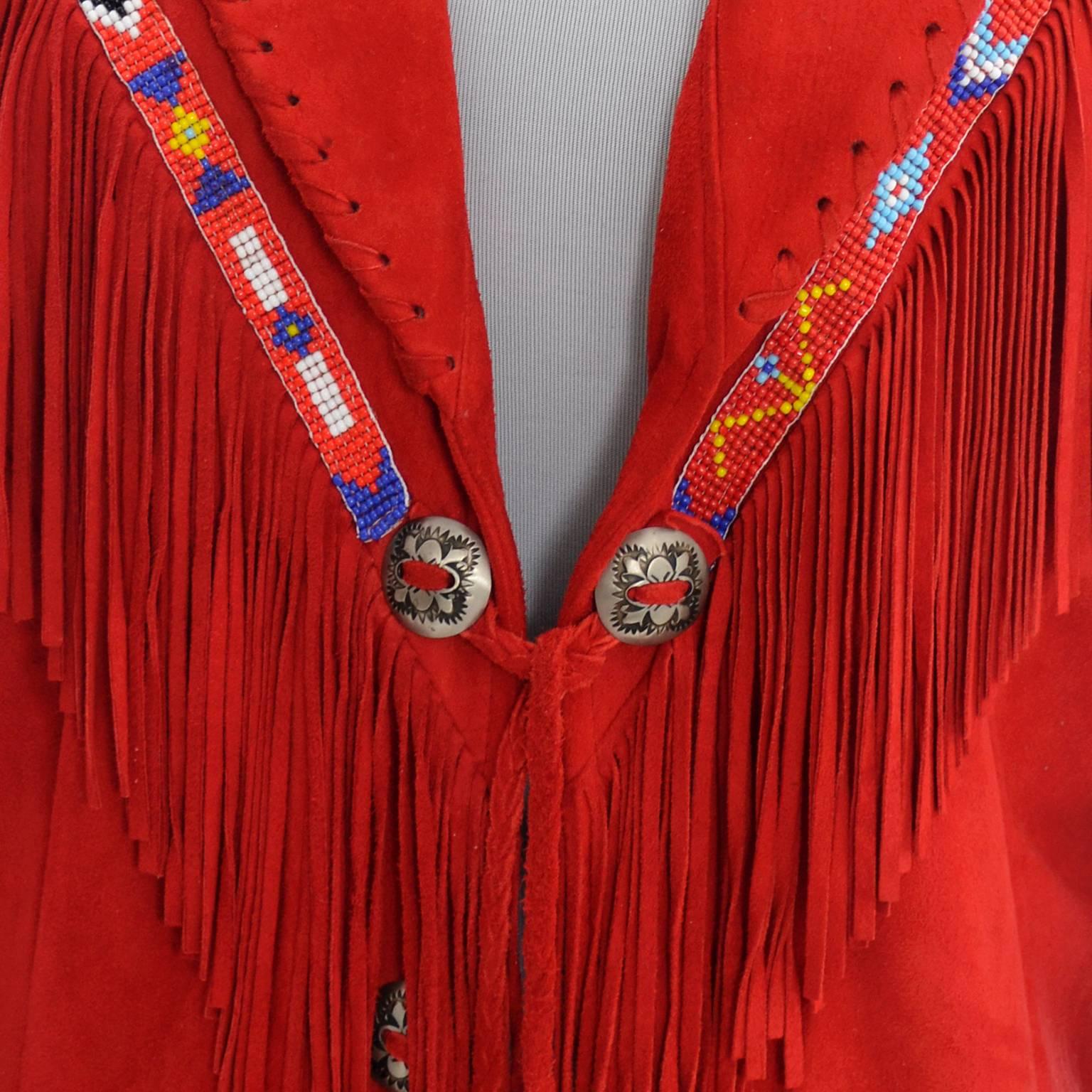Vintage Char Santa Fe Cherry Red Soft Suede Jacket Fringe Beading  2