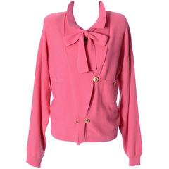 1980s Sonia Rykiel 2 Pc Wool Set Pink Striped Sweater Top Solid Cardigan 8/10