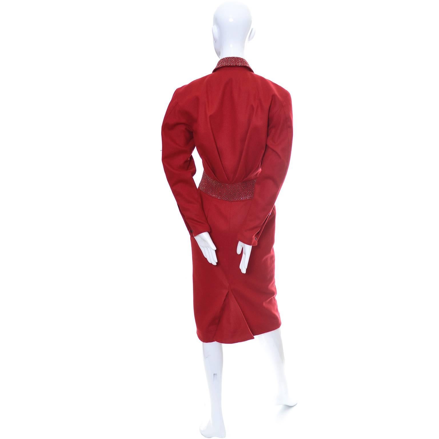 1980s Claude Montana Studded Red Wool Vintage Dress With Kick Pleat In Excellent Condition For Sale In Portland, OR