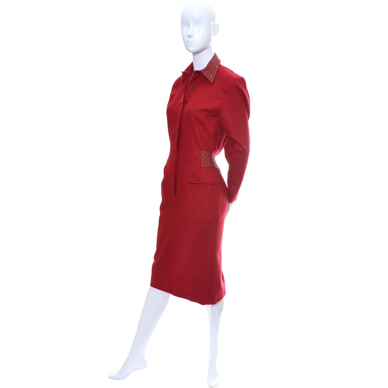 1980s Claude Montana Studded Red Wool Vintage Dress With Kick Pleat For Sale 3