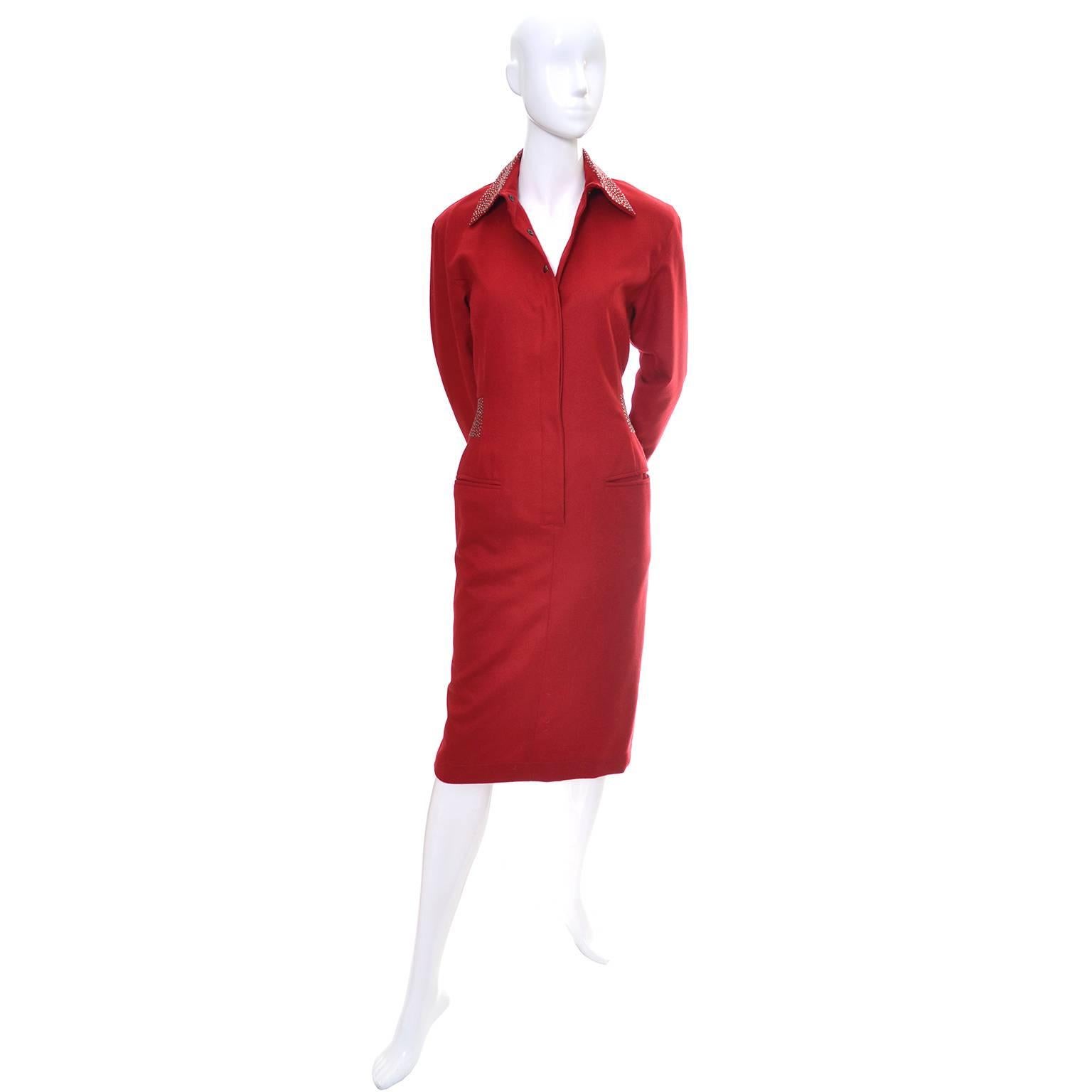 1980s Claude Montana Studded Red Wool Vintage Dress With Kick Pleat 2