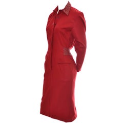1980s Claude Montana Studded Red Wool Vintage Dress With Kick Pleat