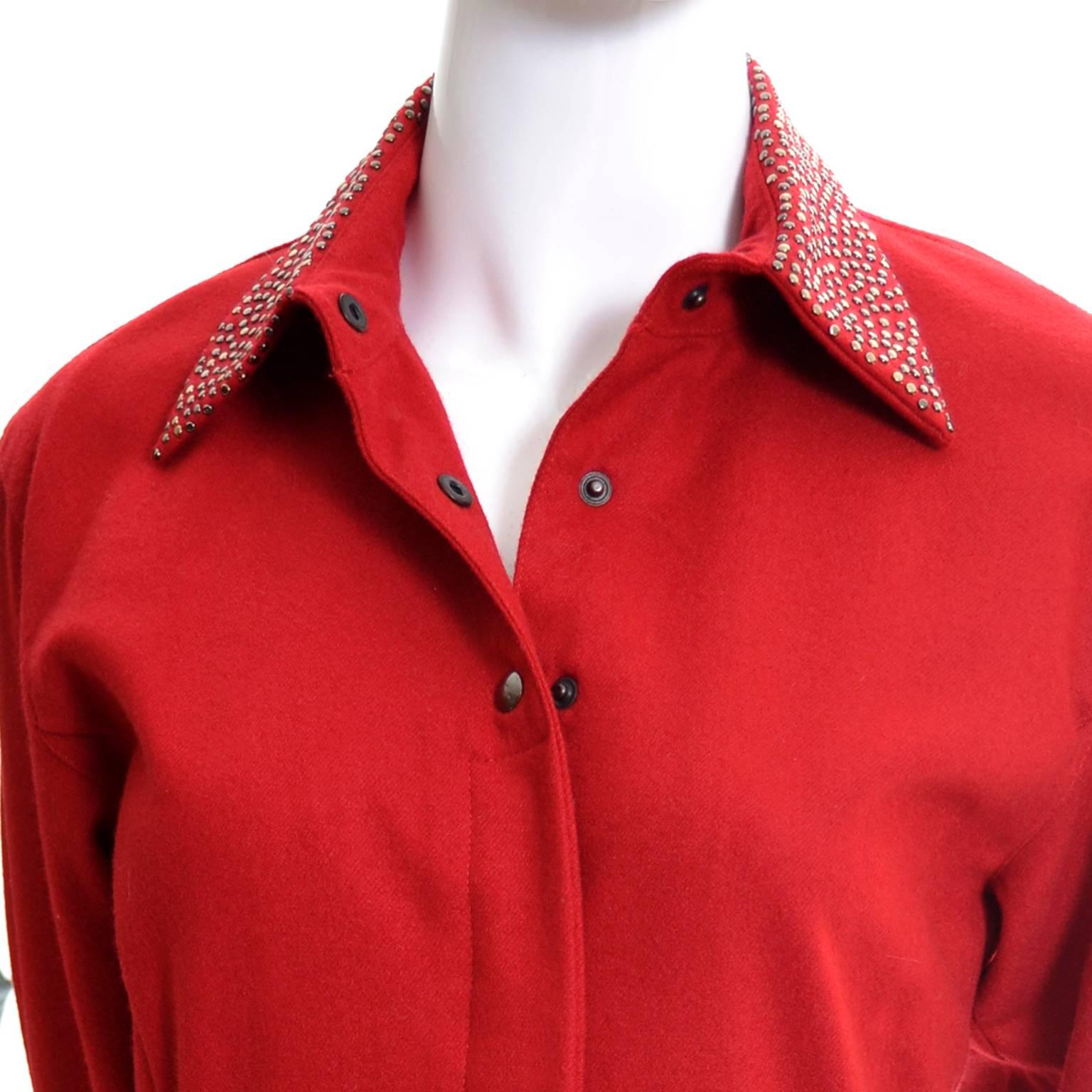 Women's 1980s Claude Montana Studded Red Wool Vintage Dress With Kick Pleat