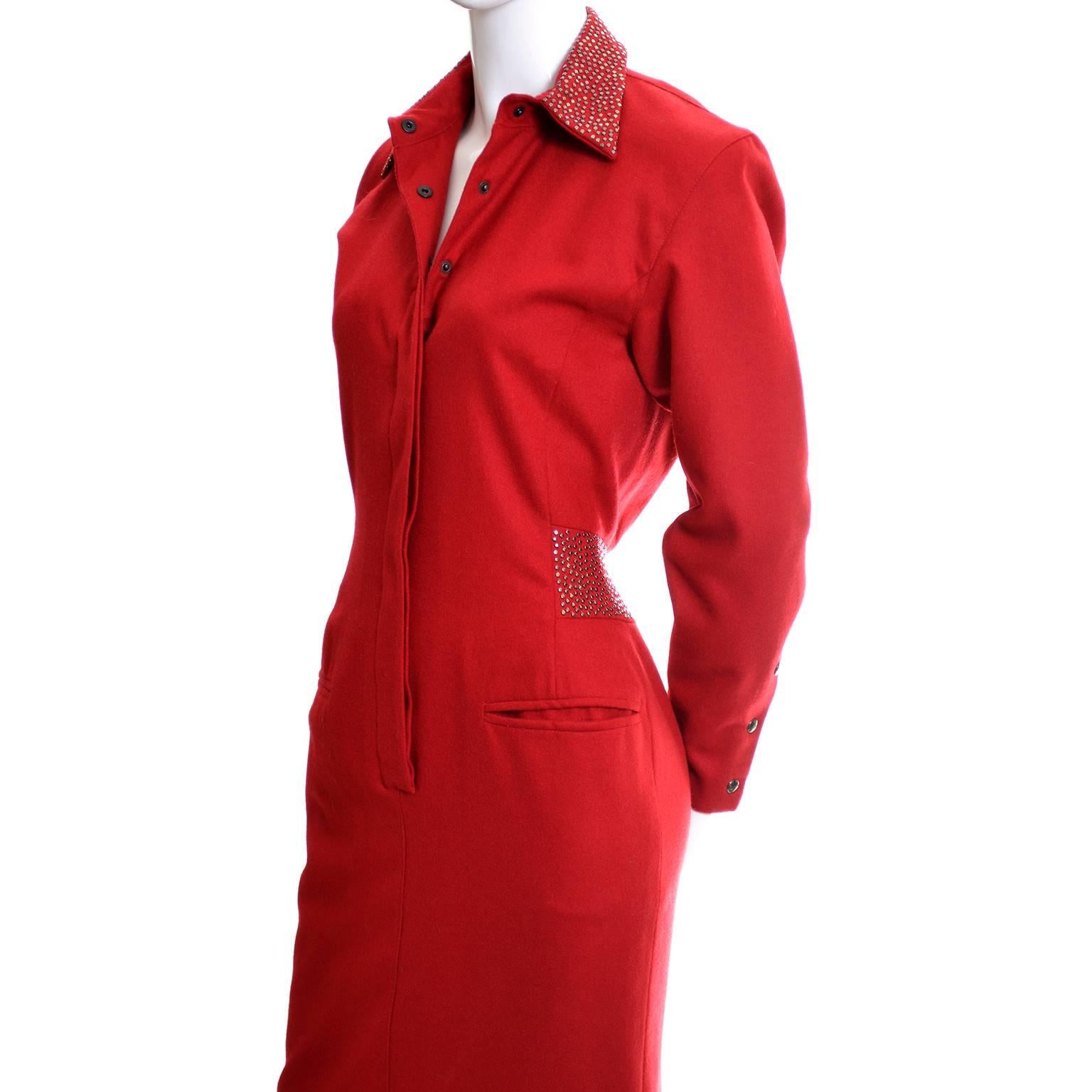 1980s Claude Montana Studded Red Wool Vintage Dress With Kick Pleat 1