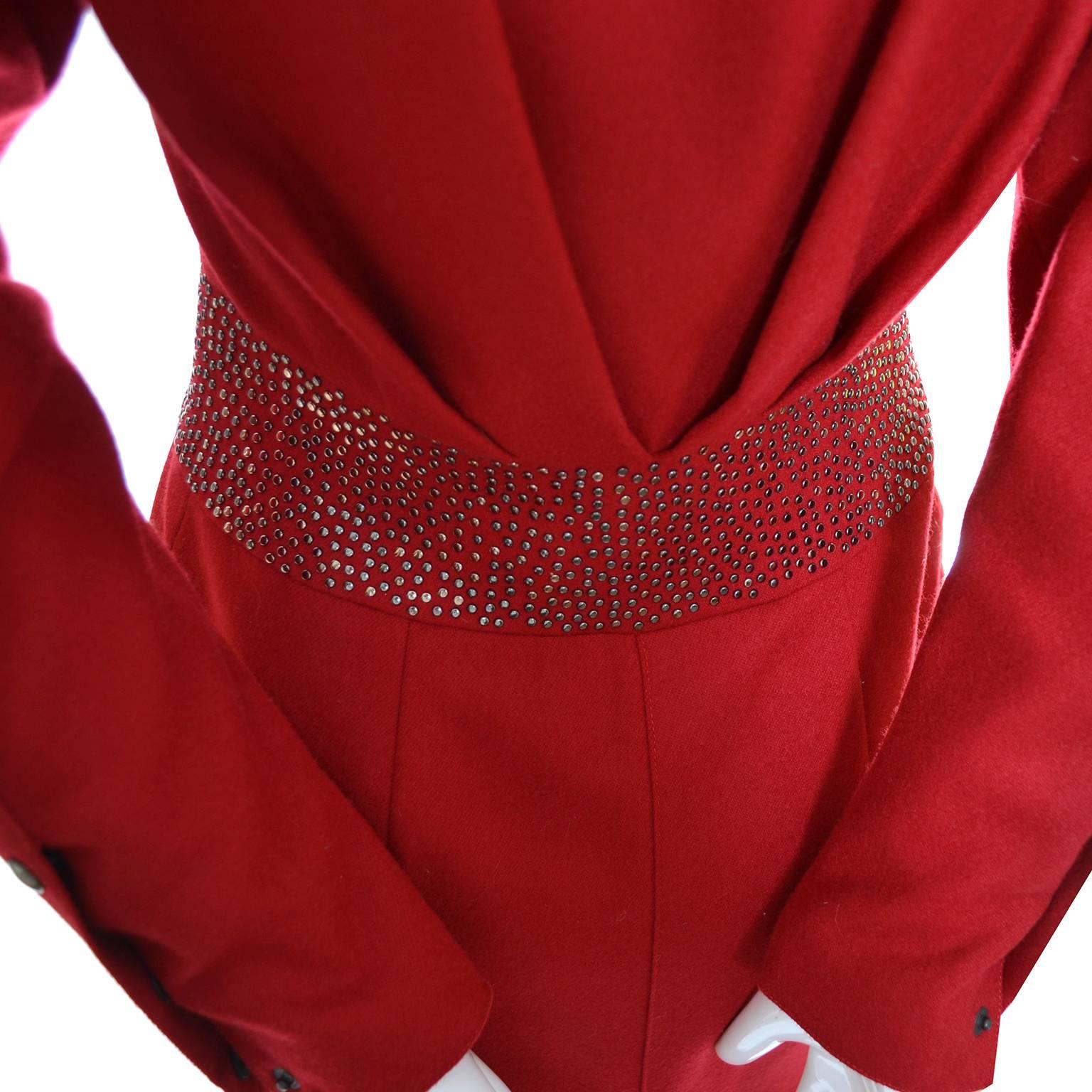 1980s Claude Montana Studded Red Wool Vintage Dress With Kick Pleat 4