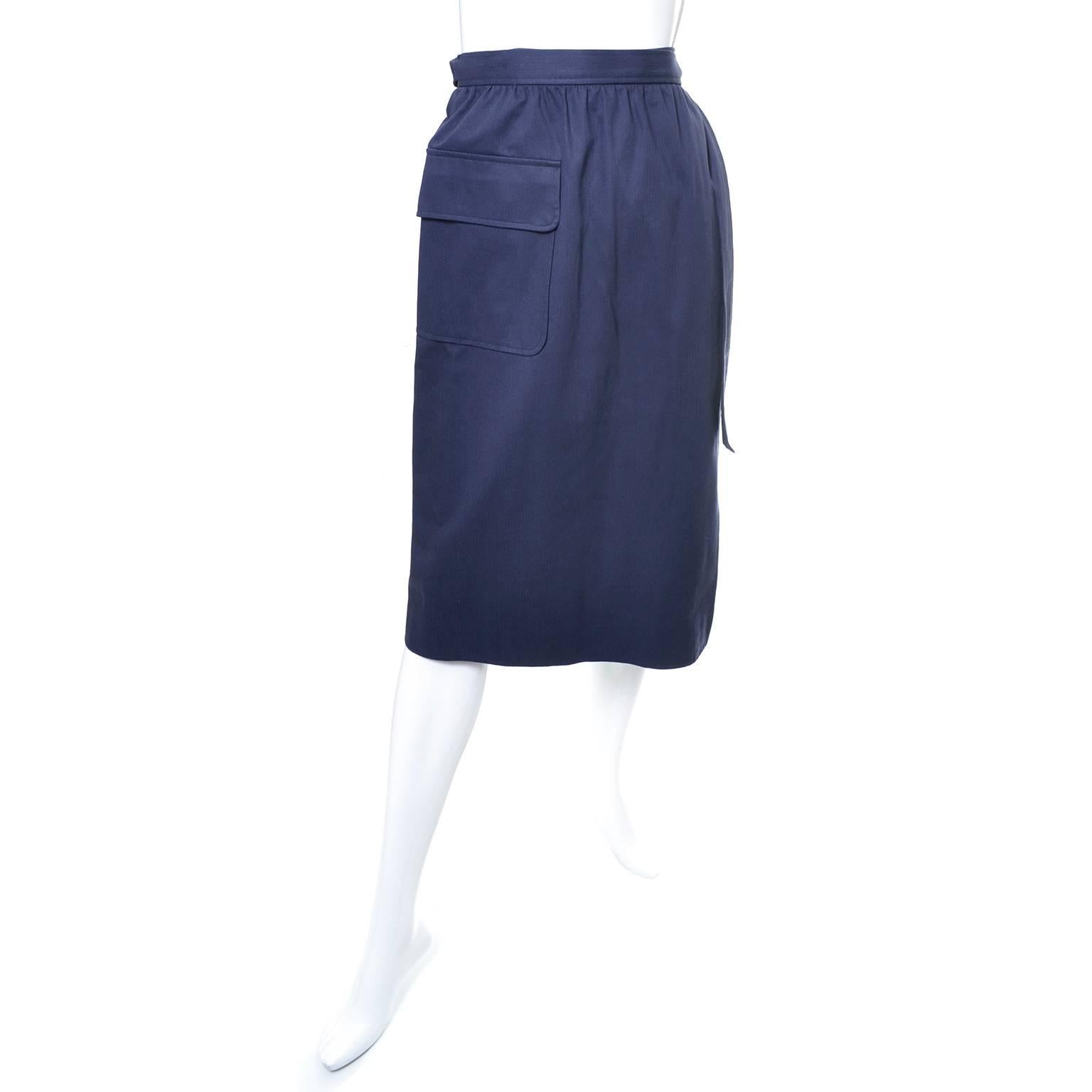 This vintage navy blue summer wrap skirt from YSL is from an incredible estate of vintage clothing that included many vintage Yves Saint Laurent pieces from the 1970's.  This skirt is in excellent condition and is labeled a French size 40 which is