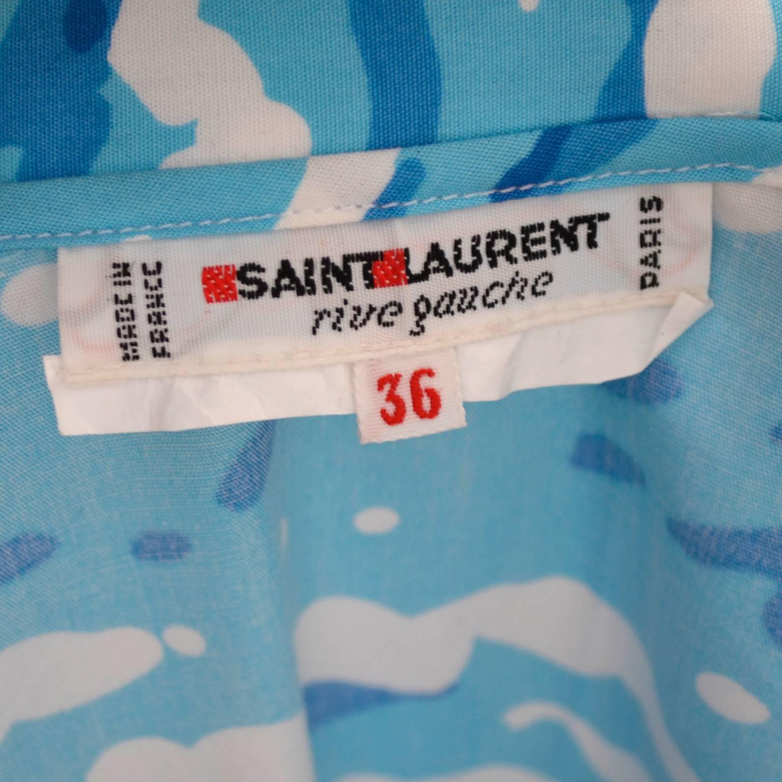 Yves Saint Laurent Vintage Blouse 1970s YSL Blue Print Top French Size 36 1