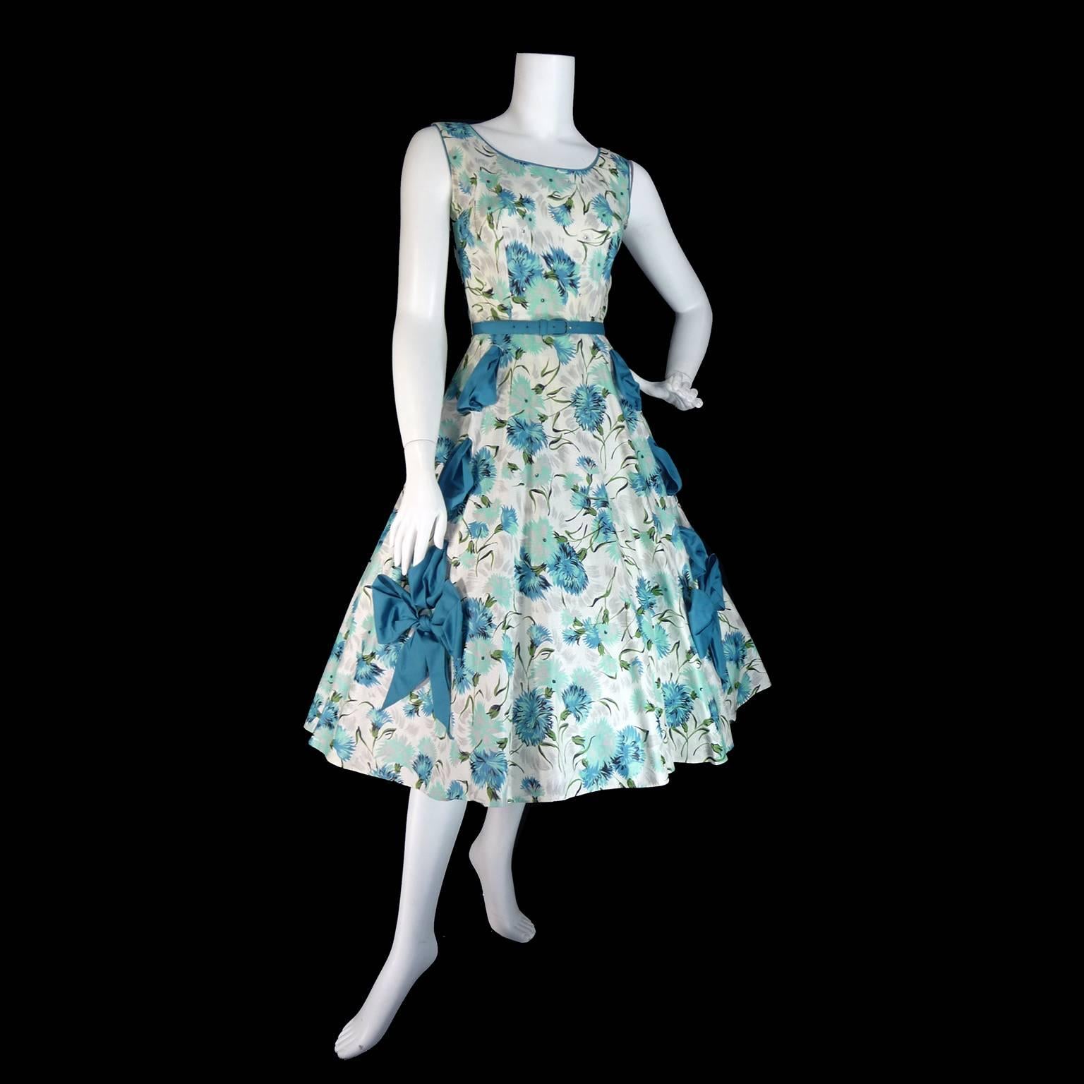 Gray 1950s Blue Floral Vintage Dress Rhinestones Bows 50s Full Skirt Size 6/8