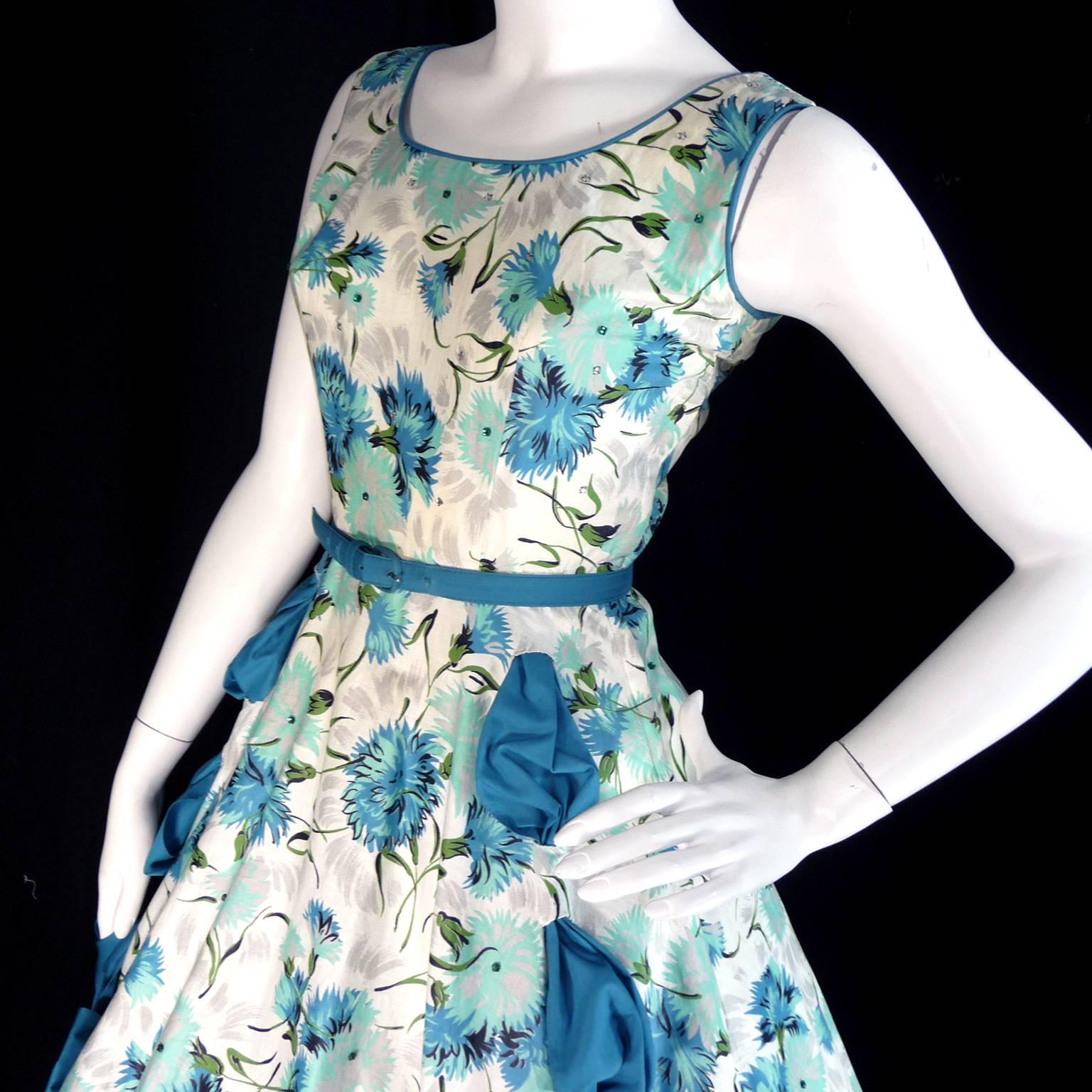 Women's 1950s Blue Floral Vintage Dress Rhinestones Bows 50s Full Skirt Size 6/8