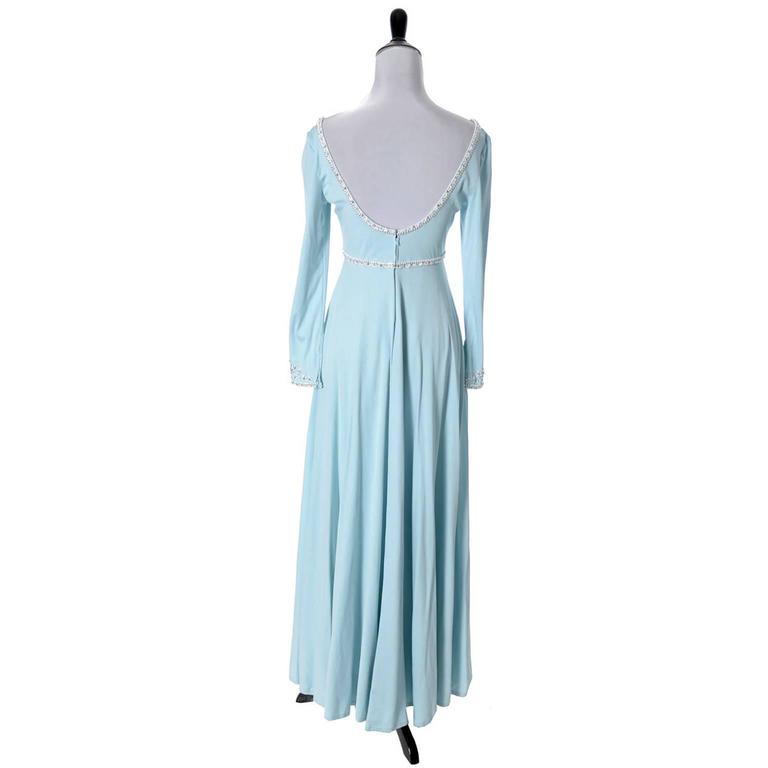 70s Vintage Blue Diamond Beaded Evening Gown
