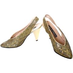 Maud Frizon Vintage Shoes Gold Metallic Black Sling Backs Heels Italy 38 7.5 8
