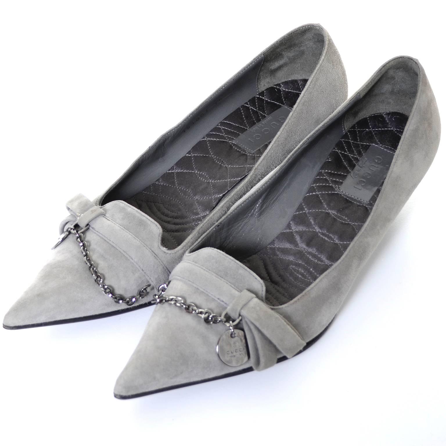 Women's NEW Vintage Gucci Gray Suede Shoes Chain Detail Kitten Heels Medallion 7.5 B