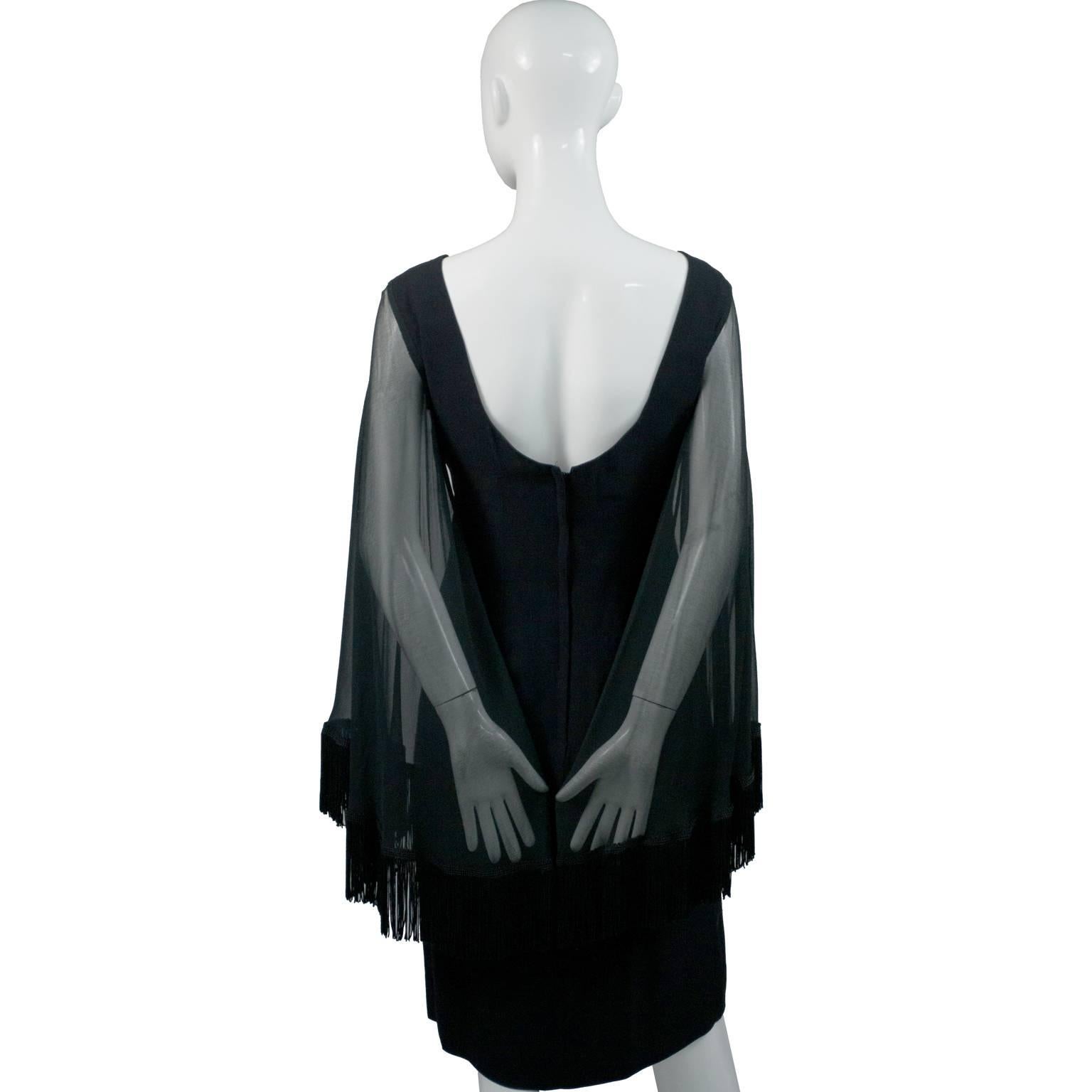 Lilli Diamond Vintage Dress Black Crepe Batwing Sleeves Fringe In Excellent Condition In Portland, OR