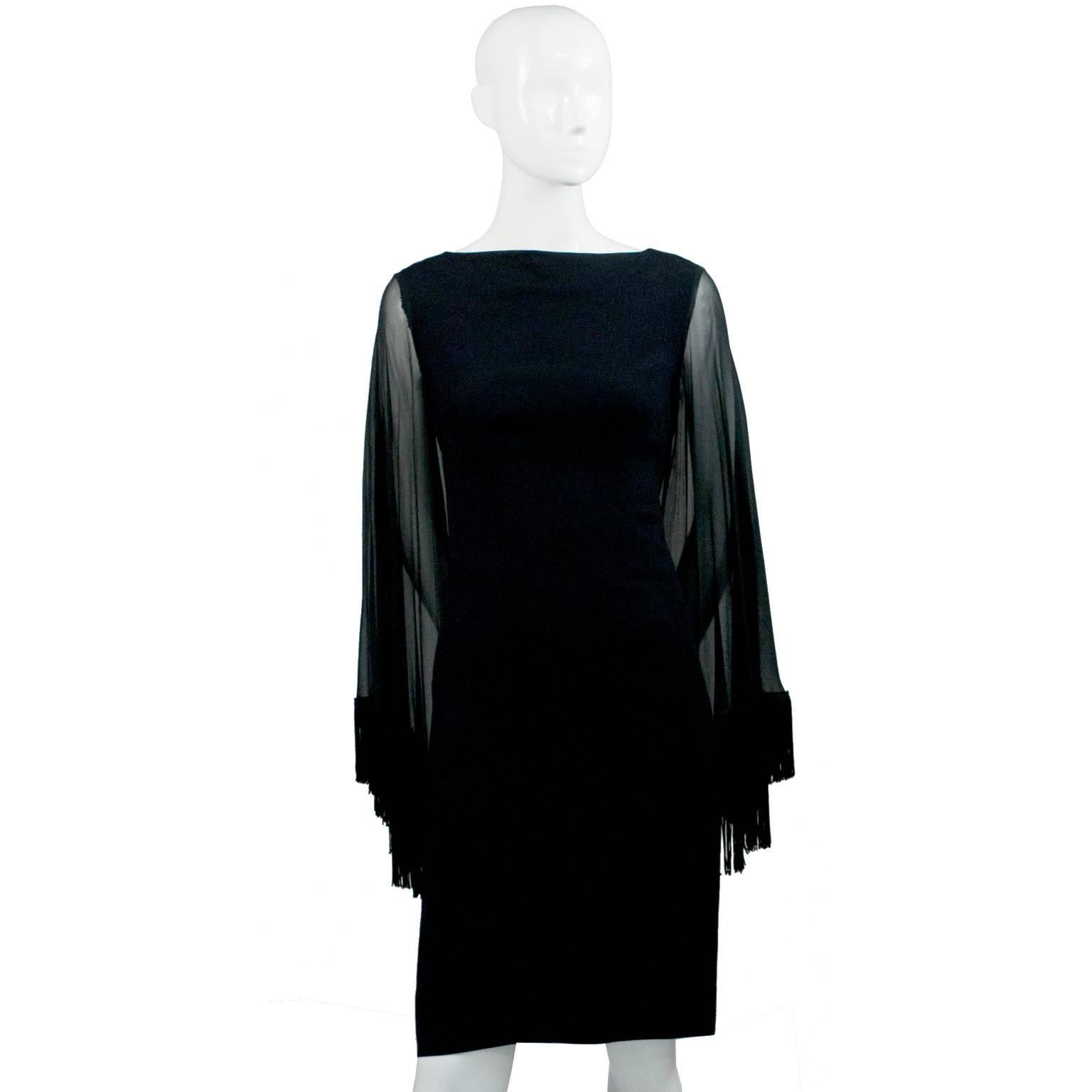 Women's Lilli Diamond Vintage Dress Black Crepe Batwing Sleeves Fringe