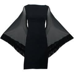 Lilli Diamond Vintage Dress Black Crepe Batwing Sleeves Fringe