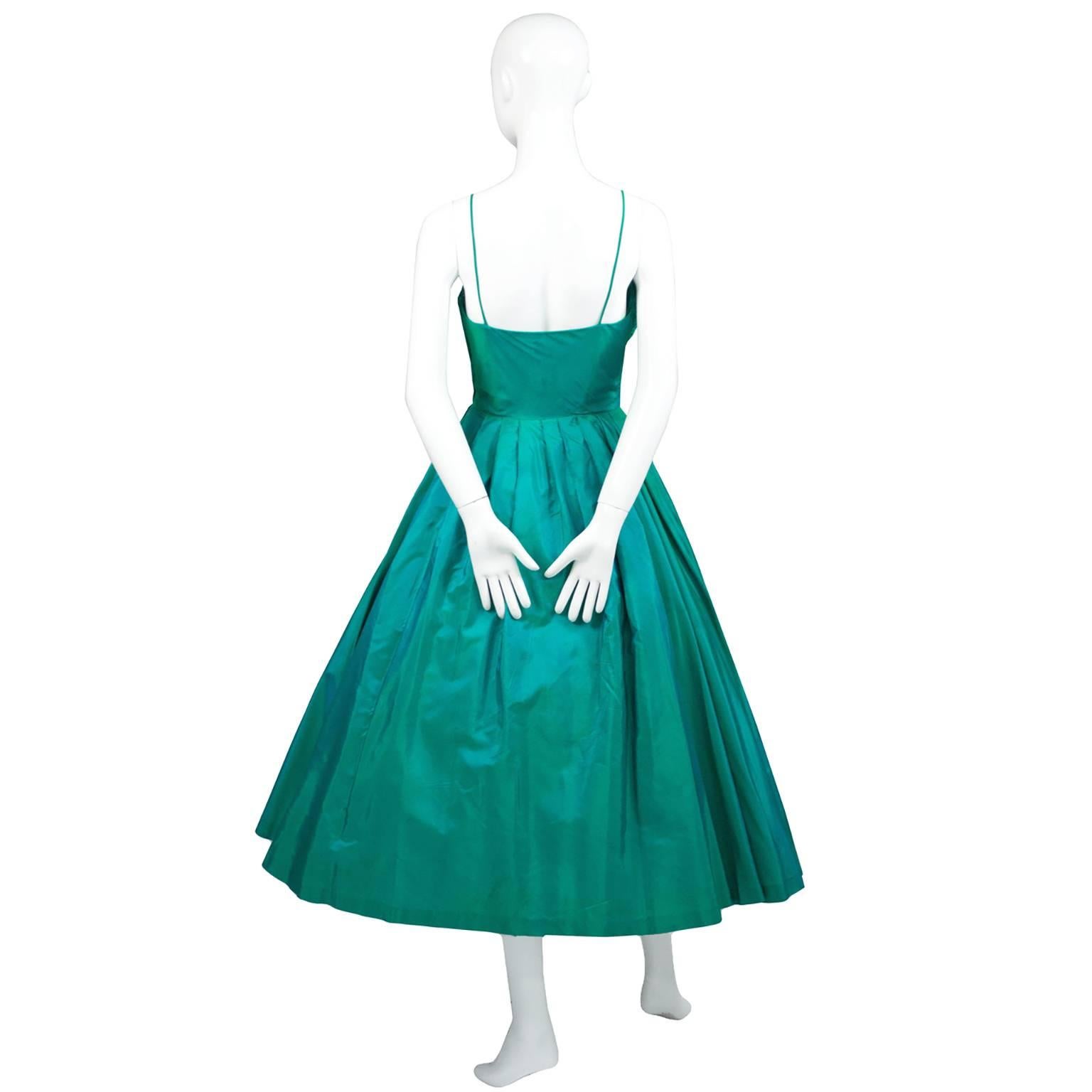 Blue Sensational 1950s Vintage Dress Iridescent Green Pleating Bow 2/4