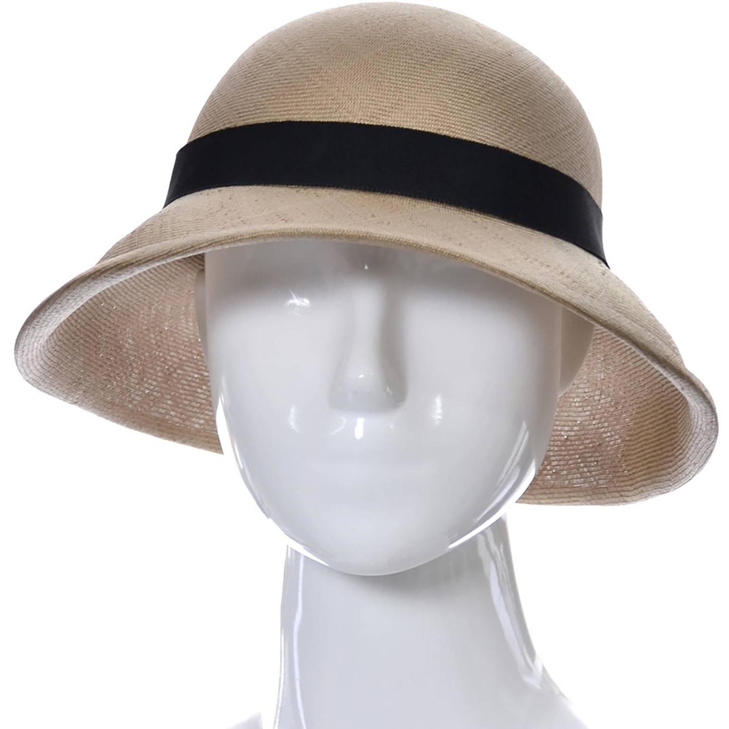 1970s YSL Vintage Straw Hat Yves Saint Laurent Bretton Style Grosgrain