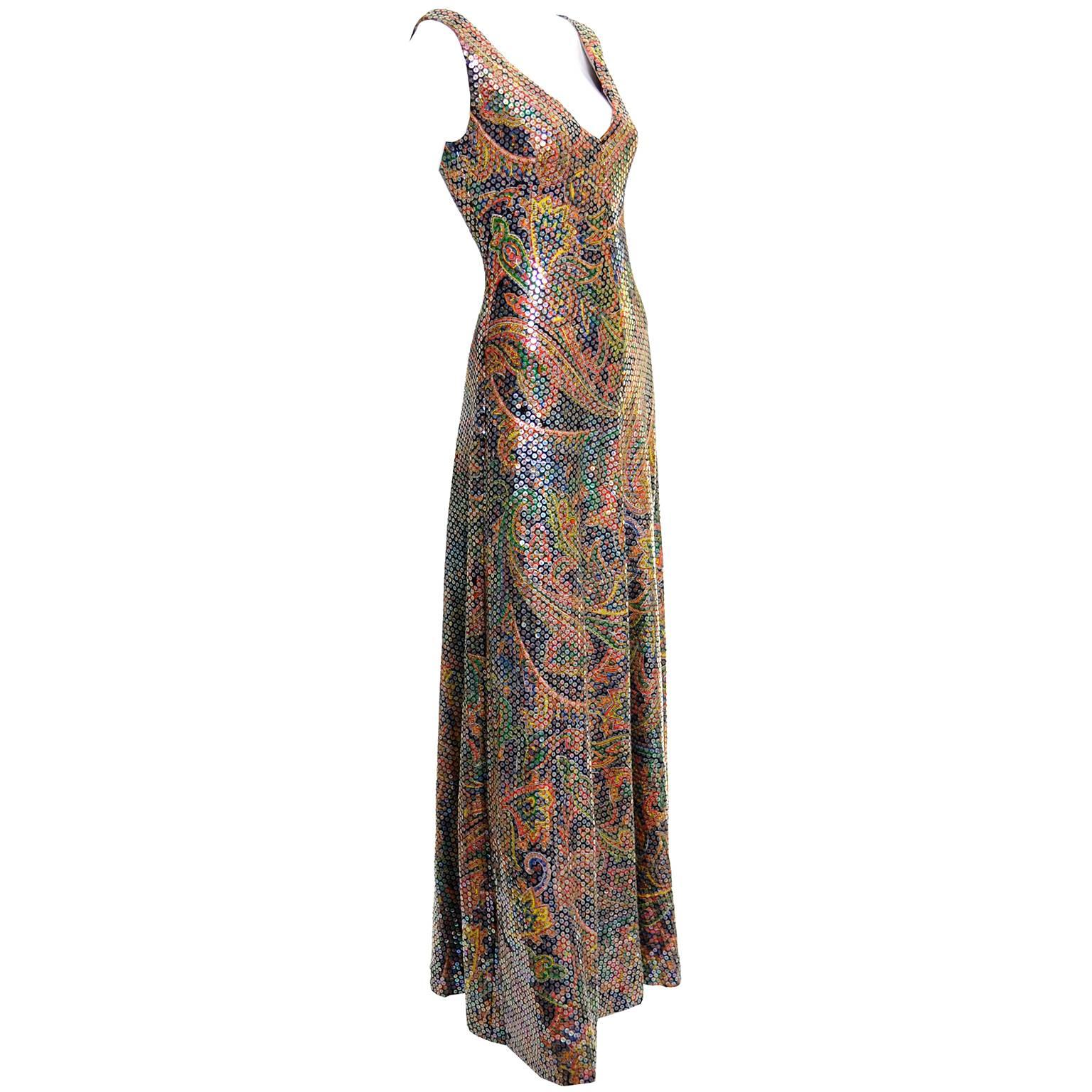 Brown 1970s Vintage Dress Sequins Psychedelic Paisley Formal Evening Gown