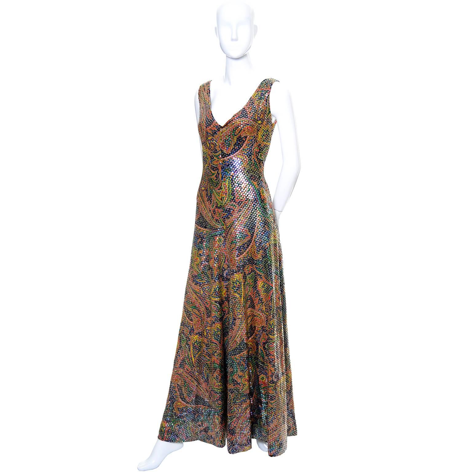 1970s Vintage Dress Sequins Psychedelic Paisley Formal Evening Gown In Excellent Condition In Portland, OR