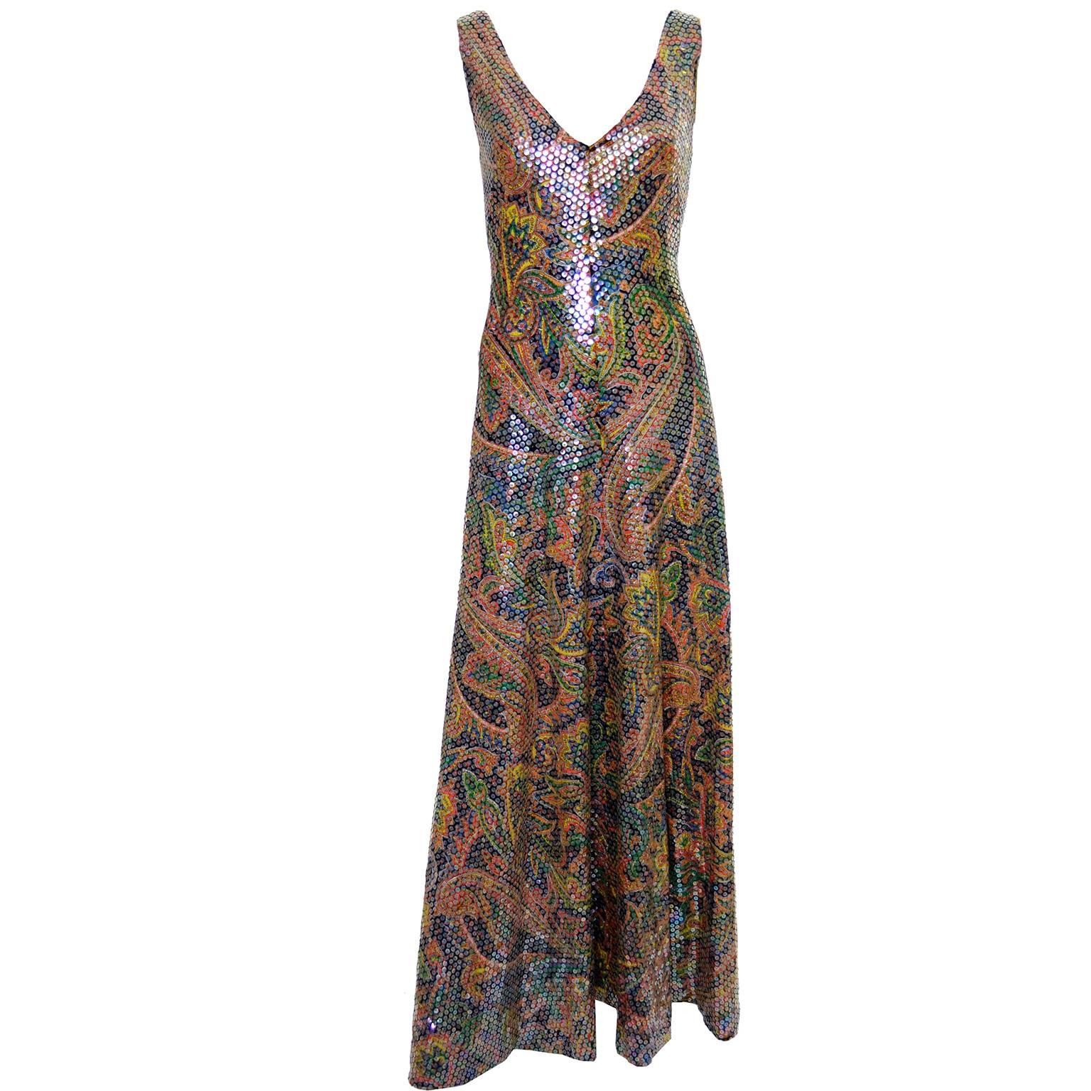 Women's 1970s Vintage Dress Sequins Psychedelic Paisley Formal Evening Gown