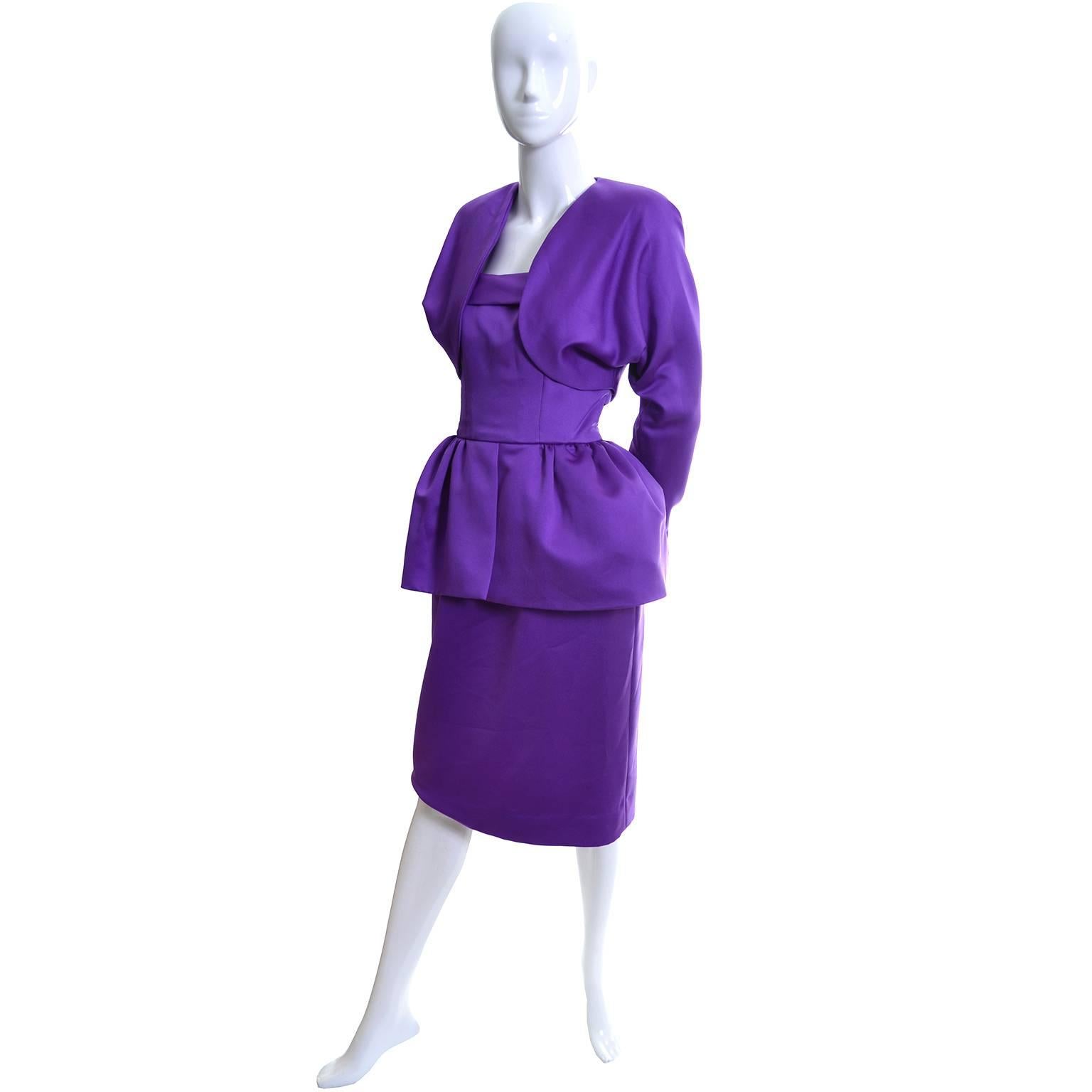 Women's Victor Costa Purple Strapless Vintage Dress Bolero Jacket 1980s Size 8