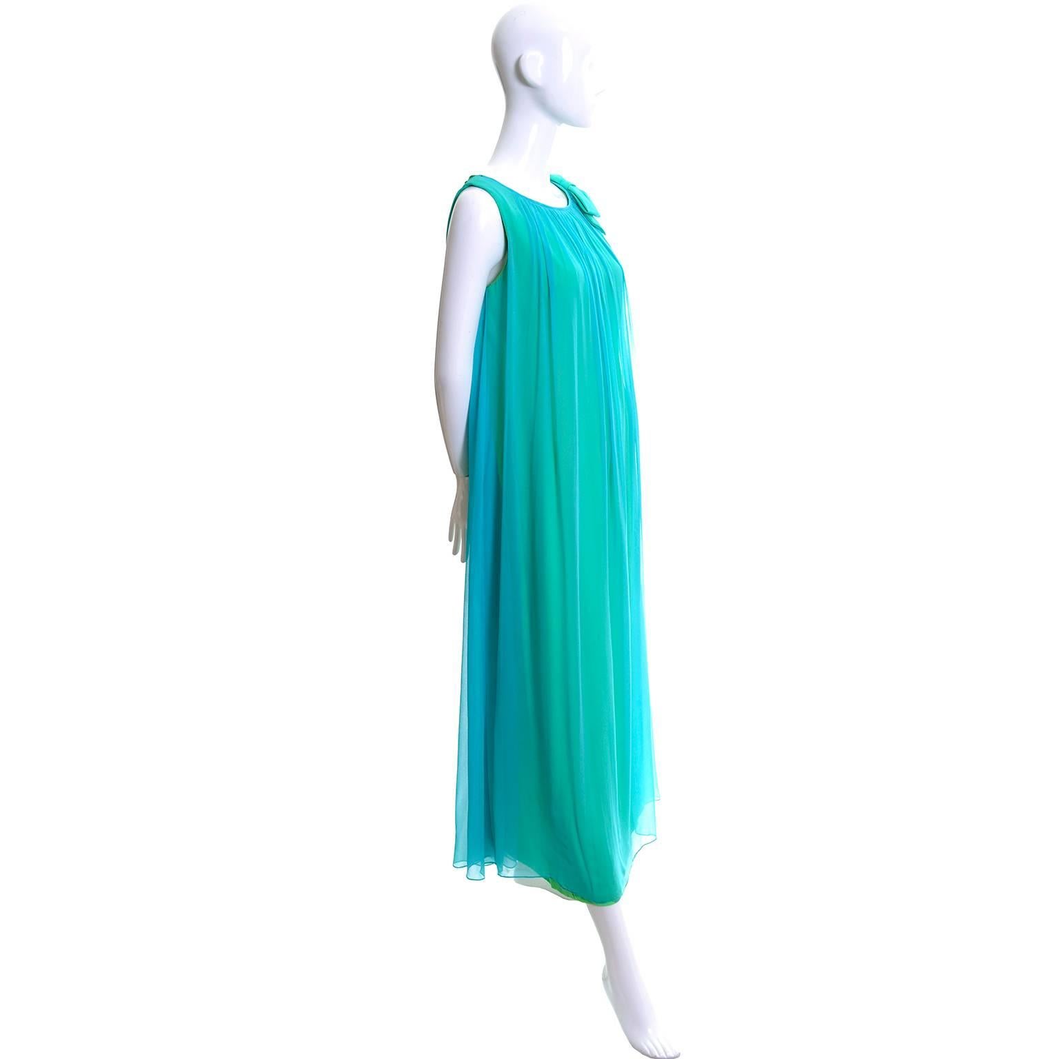 1960s Long Vintage Dress Flowing Aqua Blue Chiffon Green Satin Dress 6/8 In Excellent Condition In Portland, OR