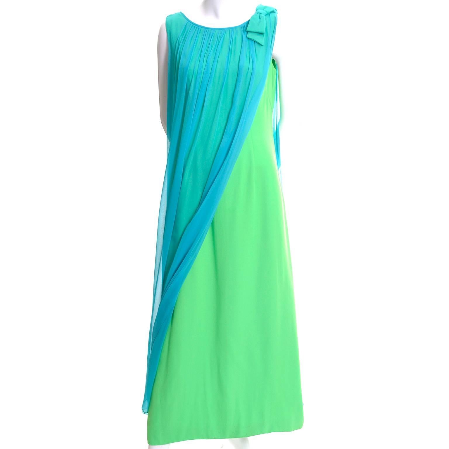 Women's 1960s Long Vintage Dress Flowing Aqua Blue Chiffon Green Satin Dress 6/8
