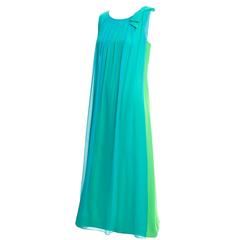 1960s Long Vintage Dress Flowing Aqua Blue Chiffon Green Satin Dress 6/8