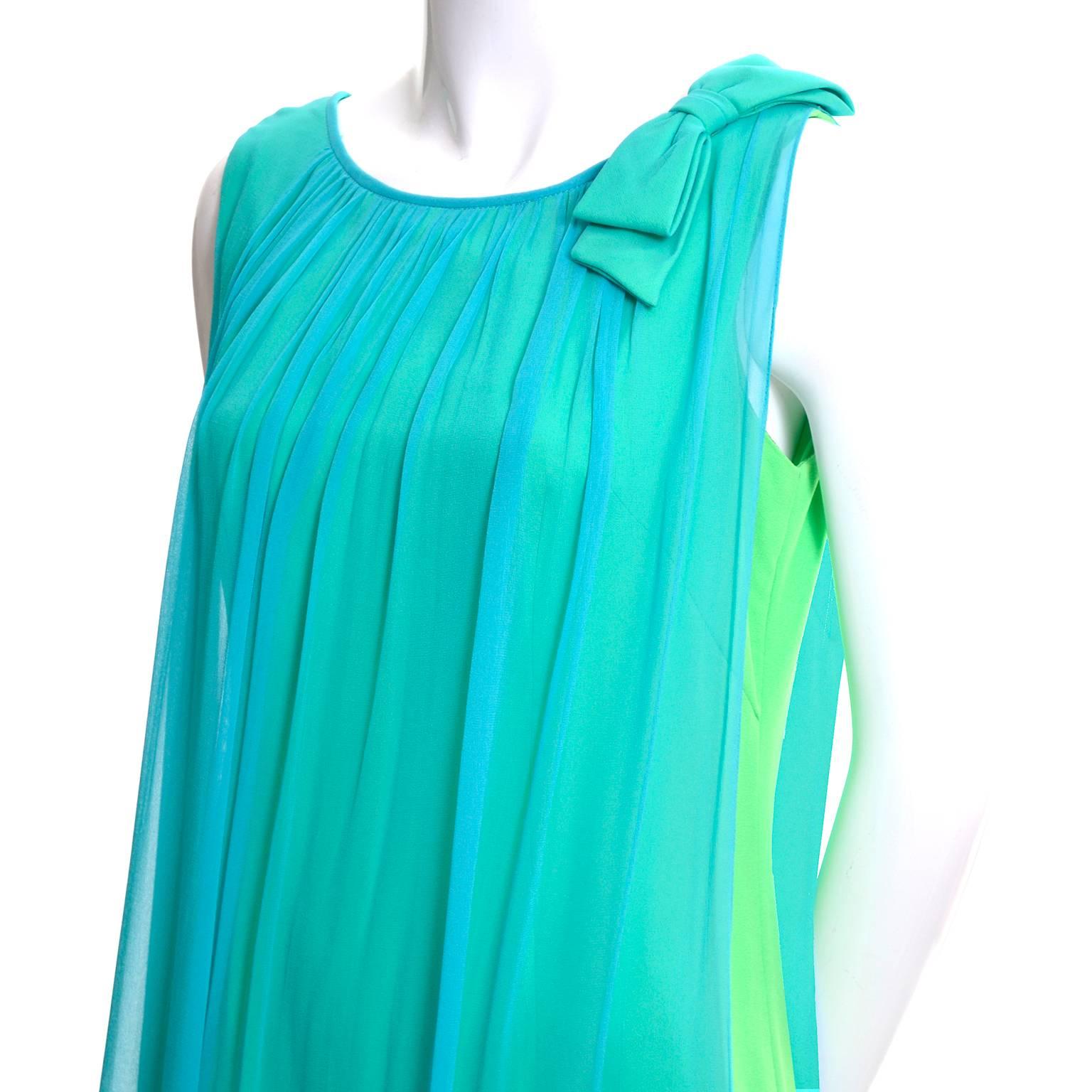 1960s Long Vintage Dress Flowing Aqua Blue Chiffon Green Satin Dress 6/8 1