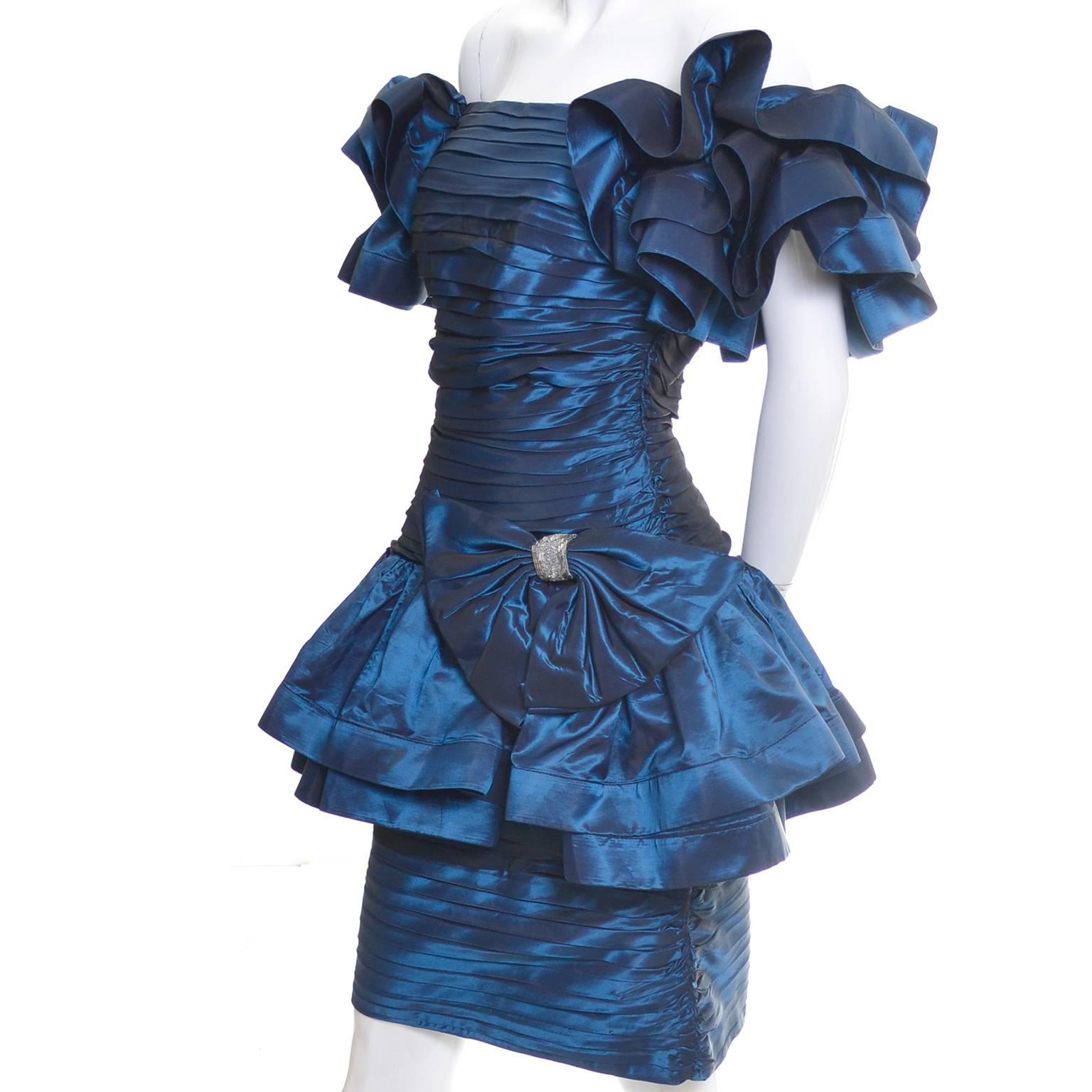Women's Tadashi Shoji1980s Vintage Dress Off Shoulder Ruffles Blue Iridescent Satin Bow
