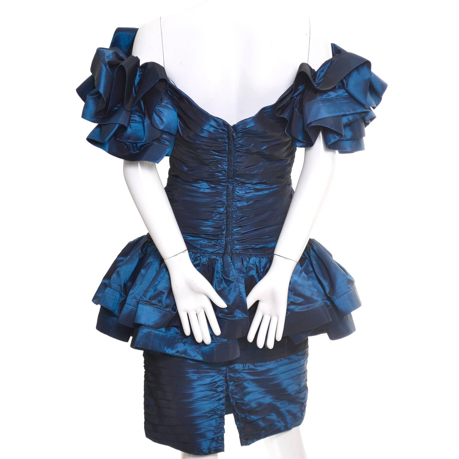 Tadashi Shoji1980s Vintage Dress Off Shoulder Ruffles Blue Iridescent Satin Bow 1