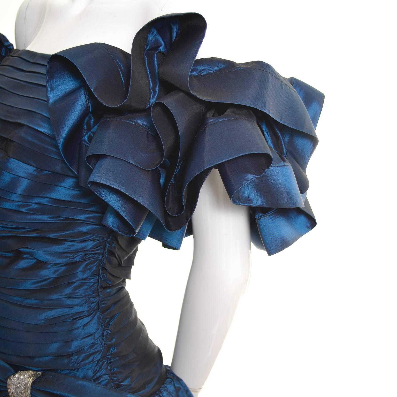 Tadashi Shoji1980s Vintage Dress Off Shoulder Ruffles Blue Iridescent Satin Bow In Excellent Condition In Portland, OR