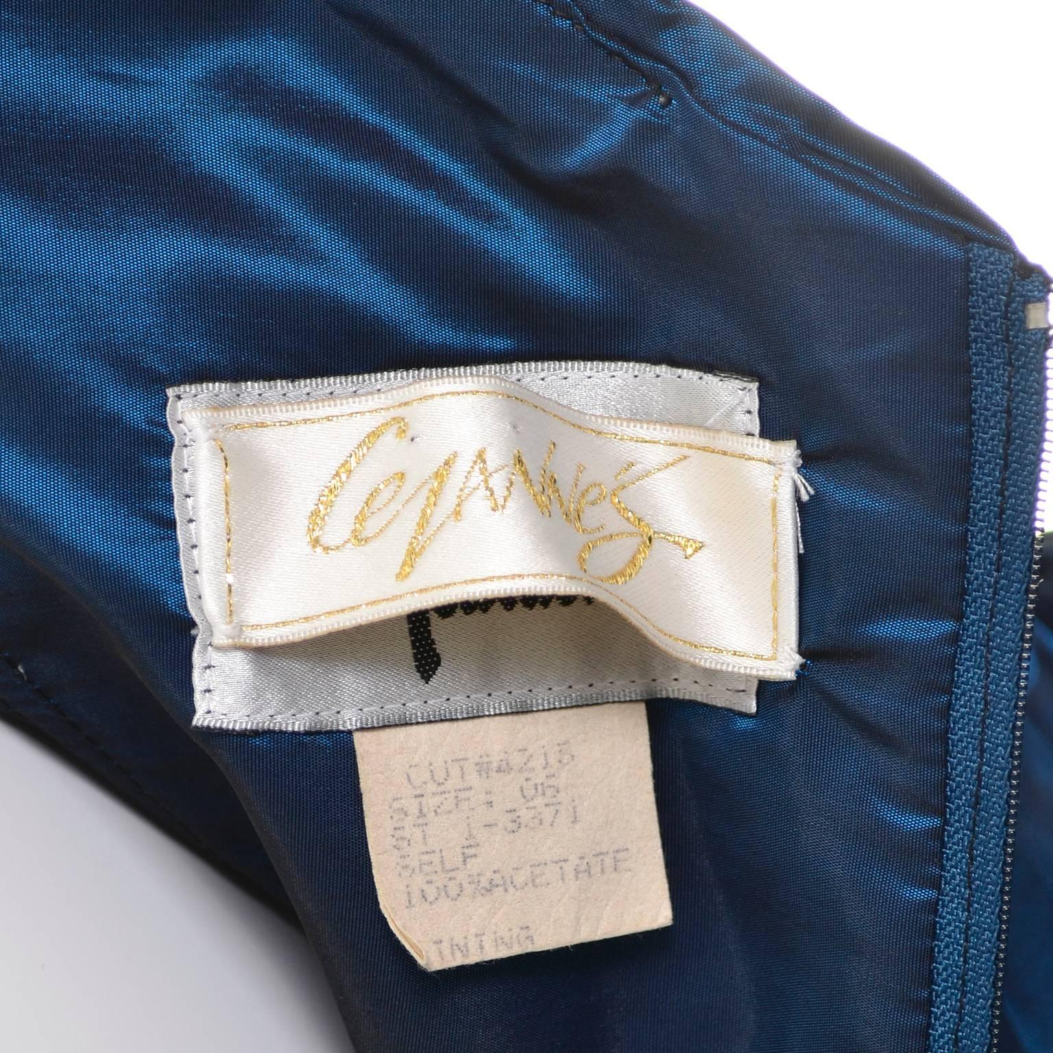 Tadashi Shoji1980s Vintage Dress Off Shoulder Ruffles Blue Iridescent Satin Bow 3