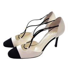 Chanel Ivory Leather Black Suede Cross Strap Heels Shoes In Box 39.5 Cap Toe 5