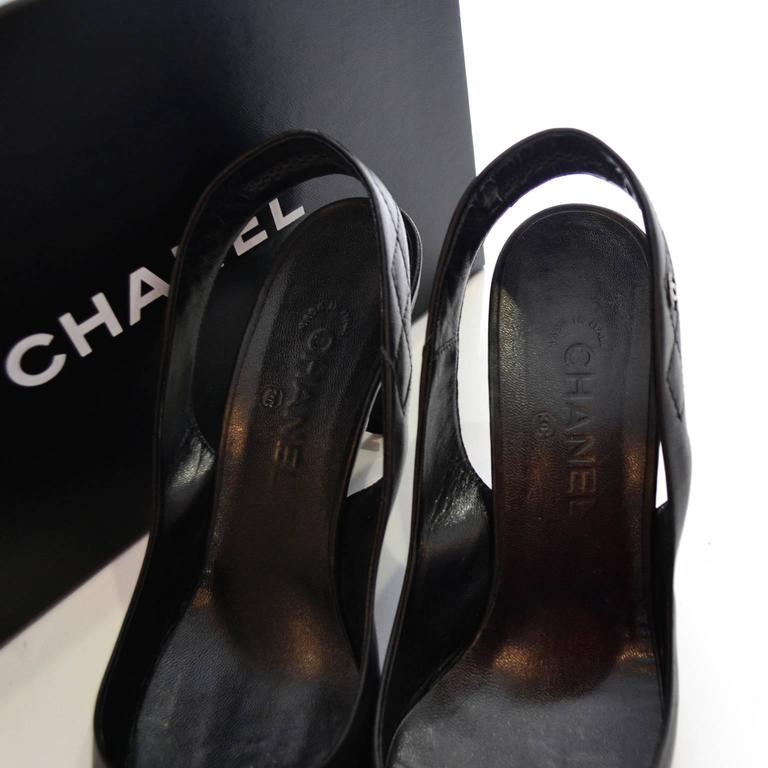 2000 Black Leather Chanel Slingbacks Shoes Heels Size 40 Quilted Strap ...